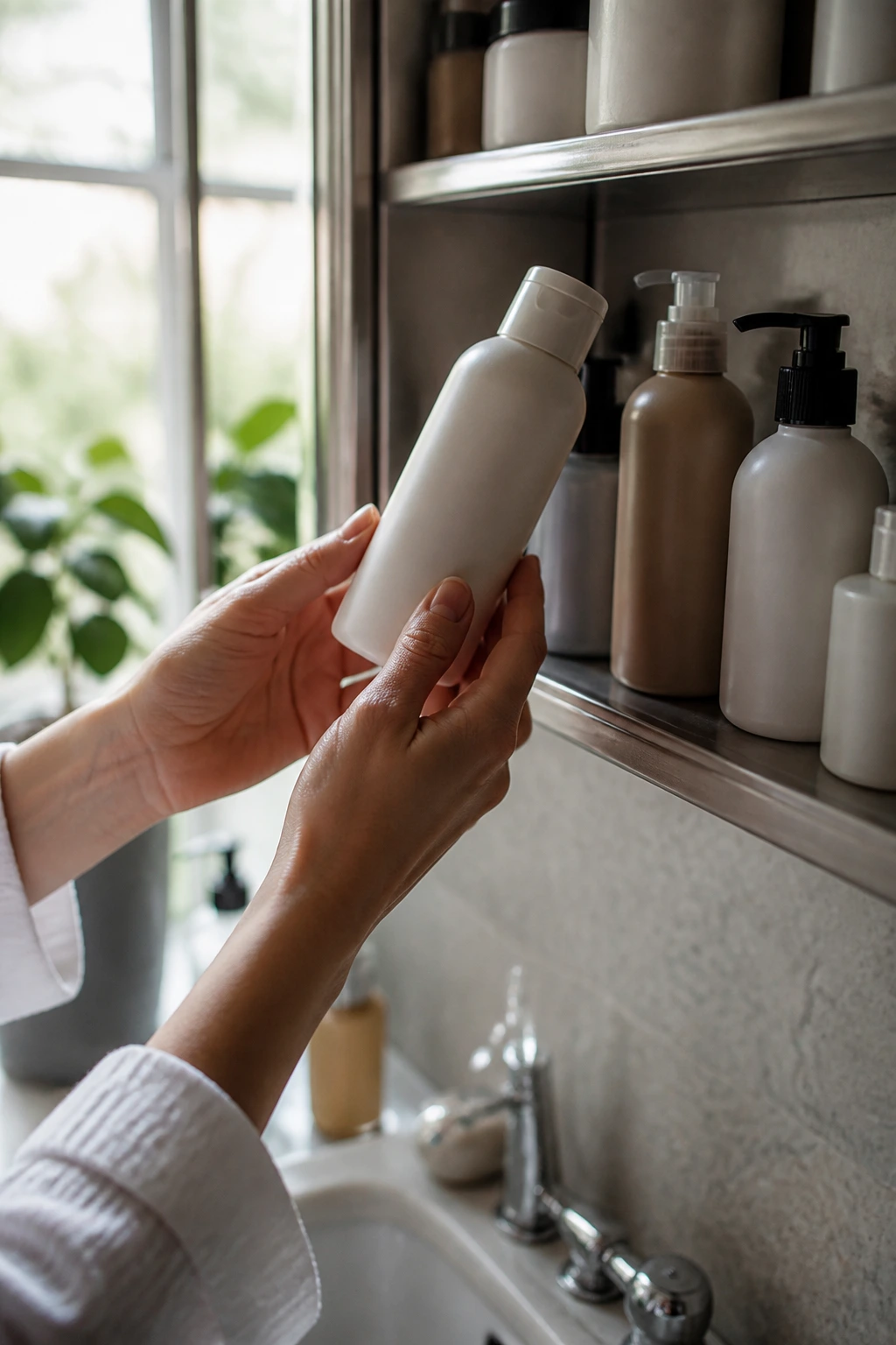 Hands selecting plain bottles of hair products in a bright bathroom