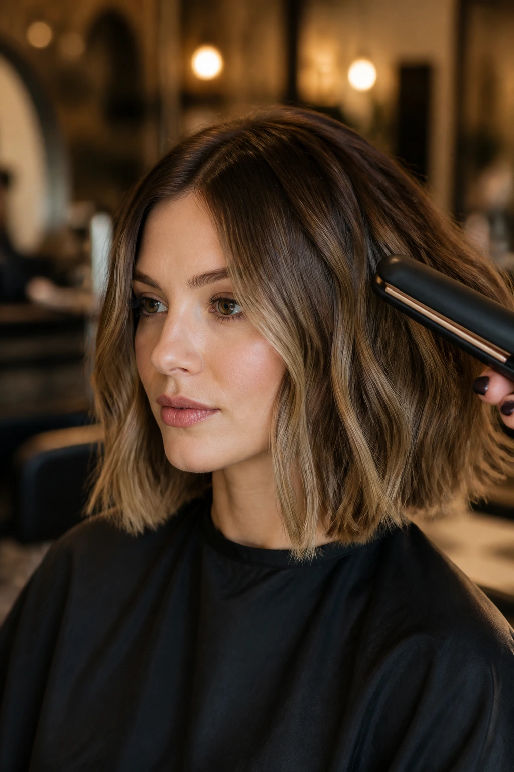 Close-up of a woman with textured lob using a professional styling tool in a salon