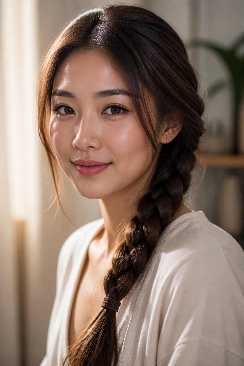 Real person with a loose protective braid in a softly lit room