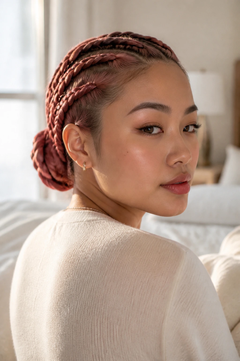 Close-up of a real woman with rose-wine colored hair in protective twists