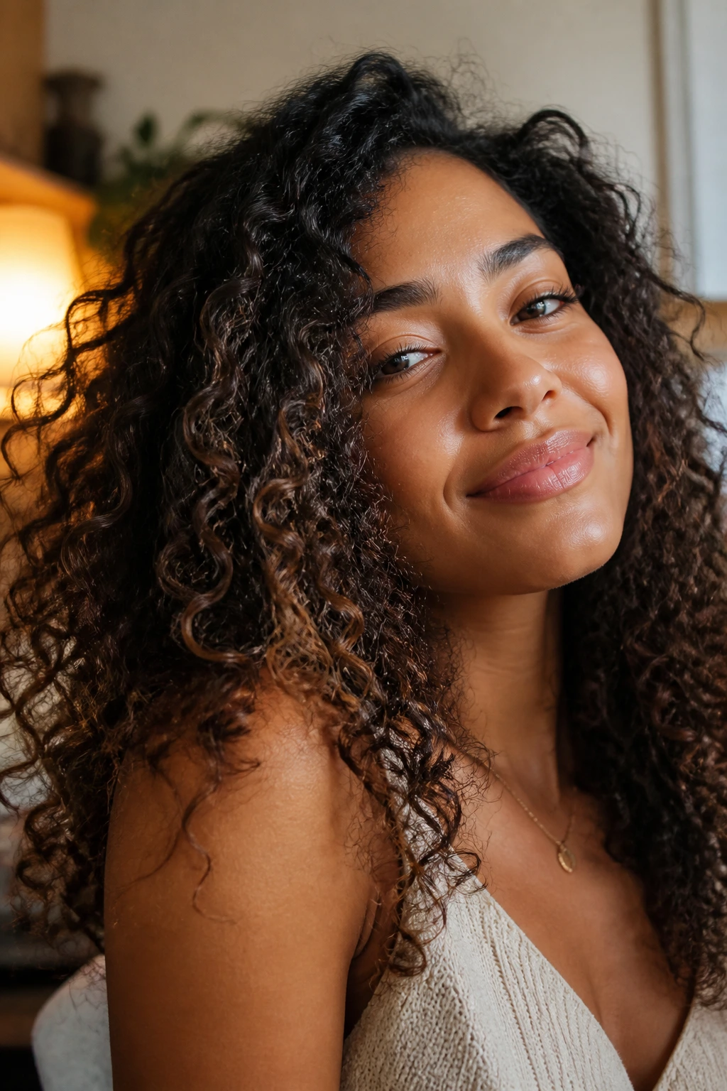 Close-up of real person with hydrated, defined curls illustrating protein-moisture balance