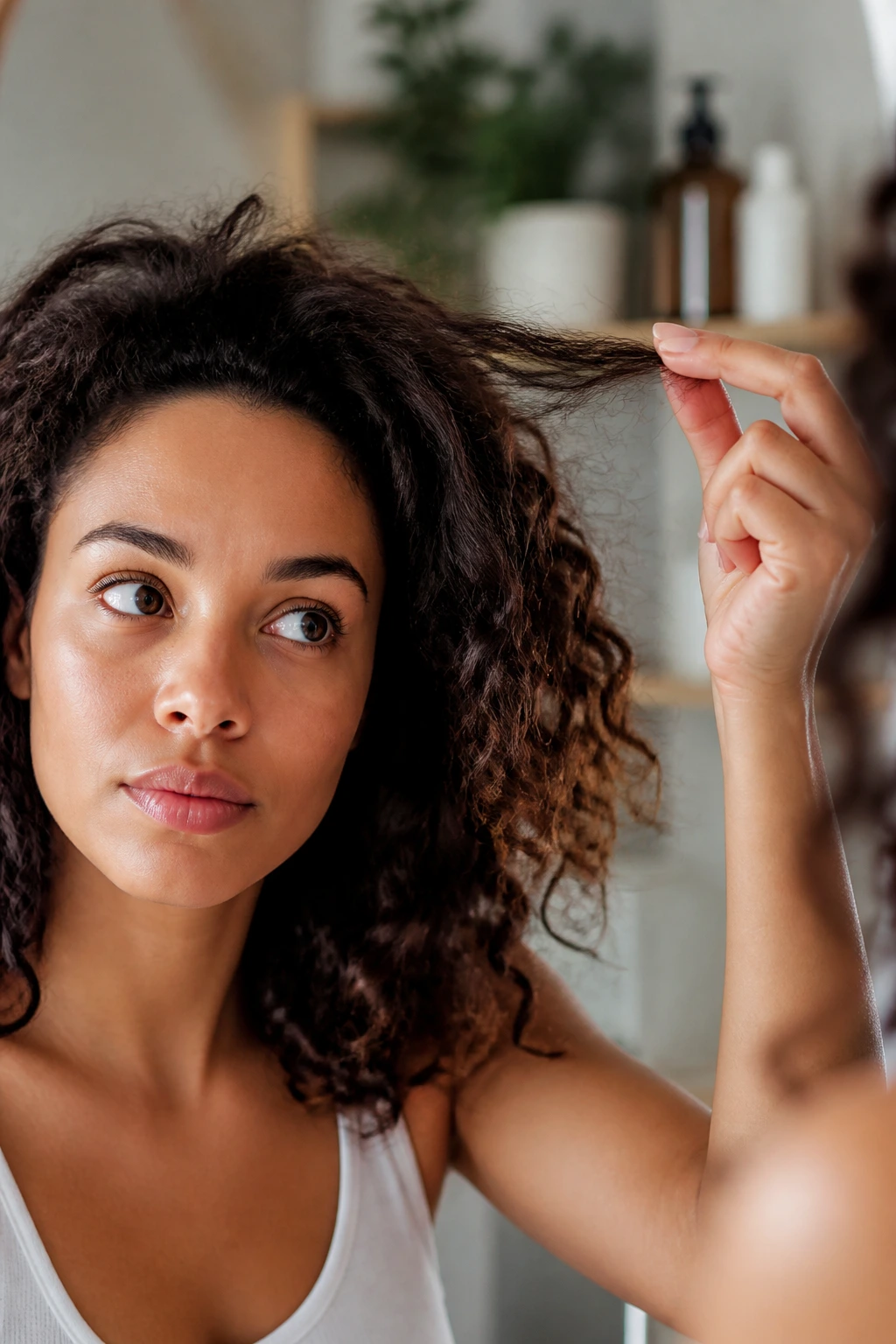 Close-up of a person lifting a hair strand to test protein-moisture balance