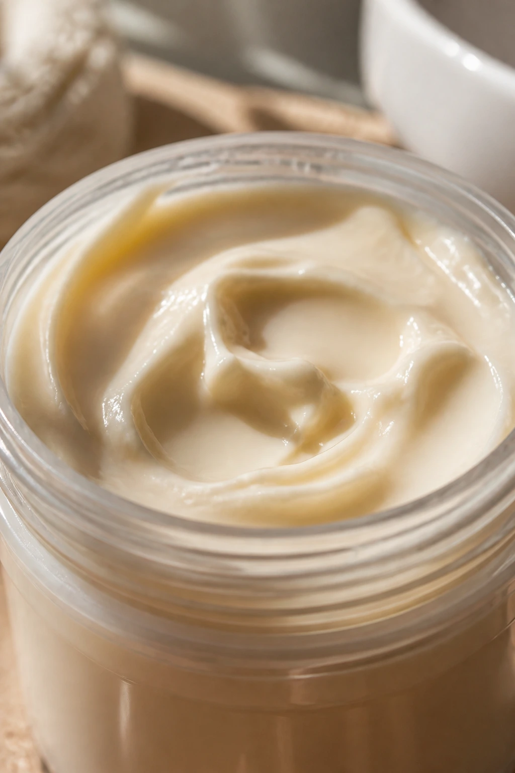 Close-up of an unlabeled protein-rich hair treatment jar on a vanity with soft natural light