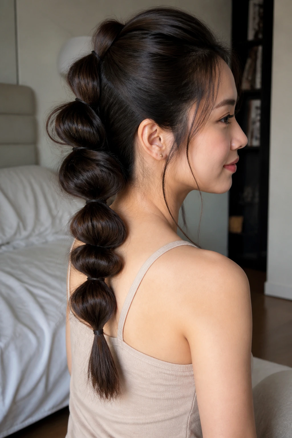 Close-up of a real person showing a voluminous pull-through braid illusion on Asian hair.