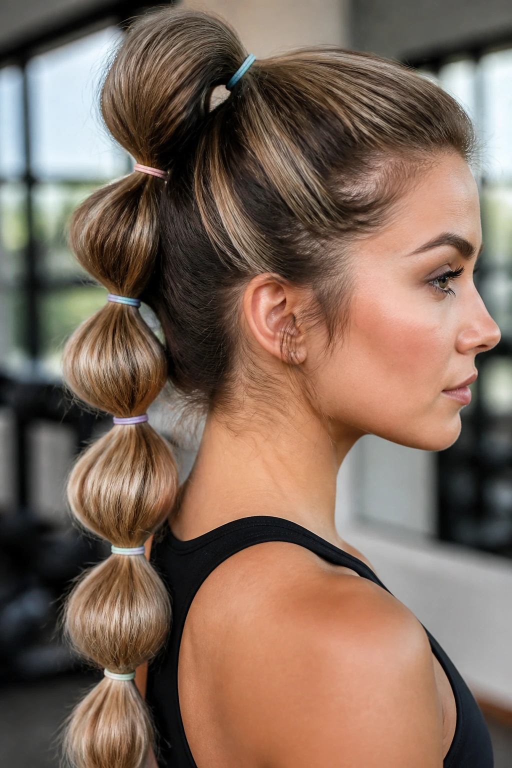 Close-up of a real woman wearing a pull-through braid with multiple elastics in a gym setting