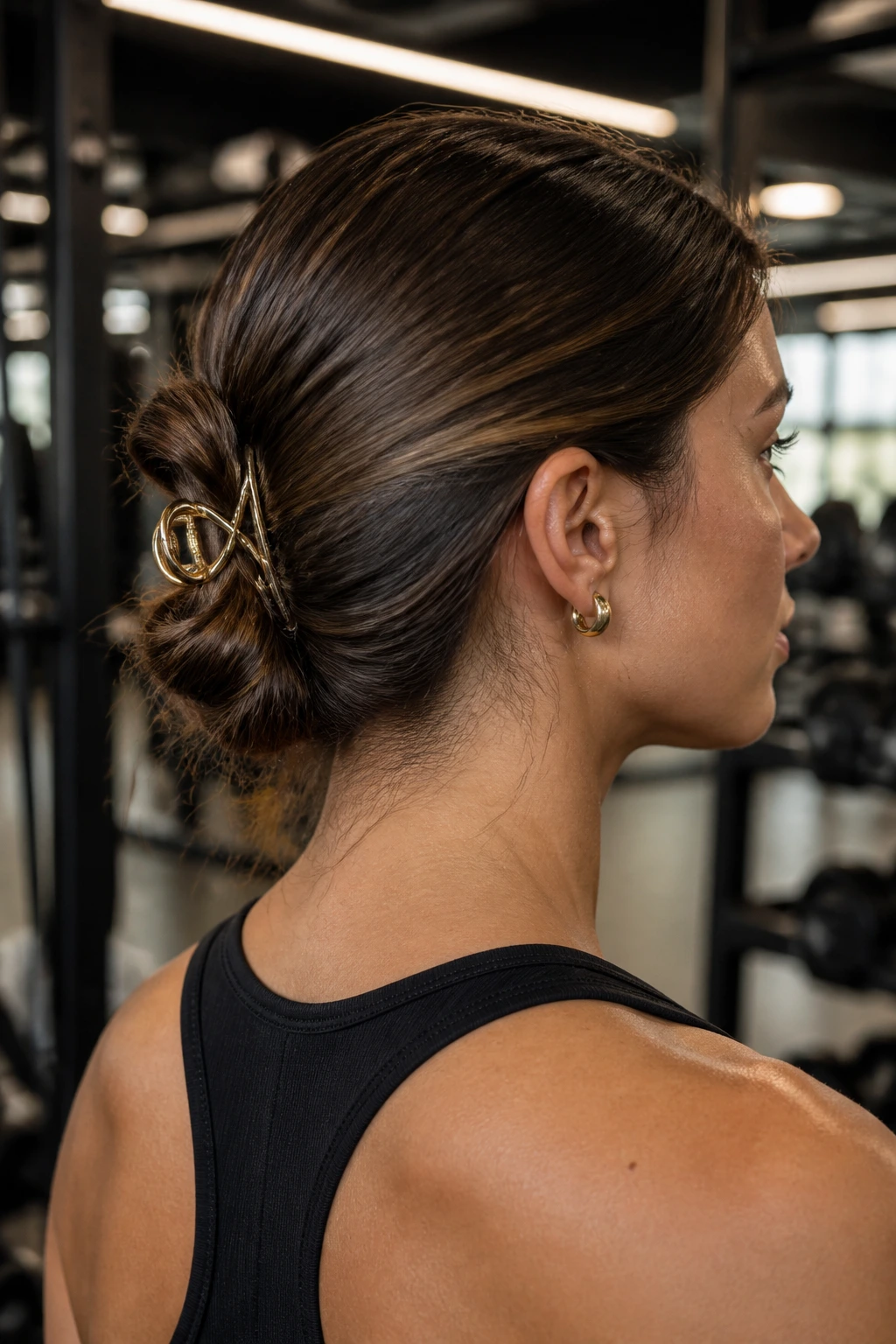 Close-up of real woman with pull-through claw chignon in gym setting