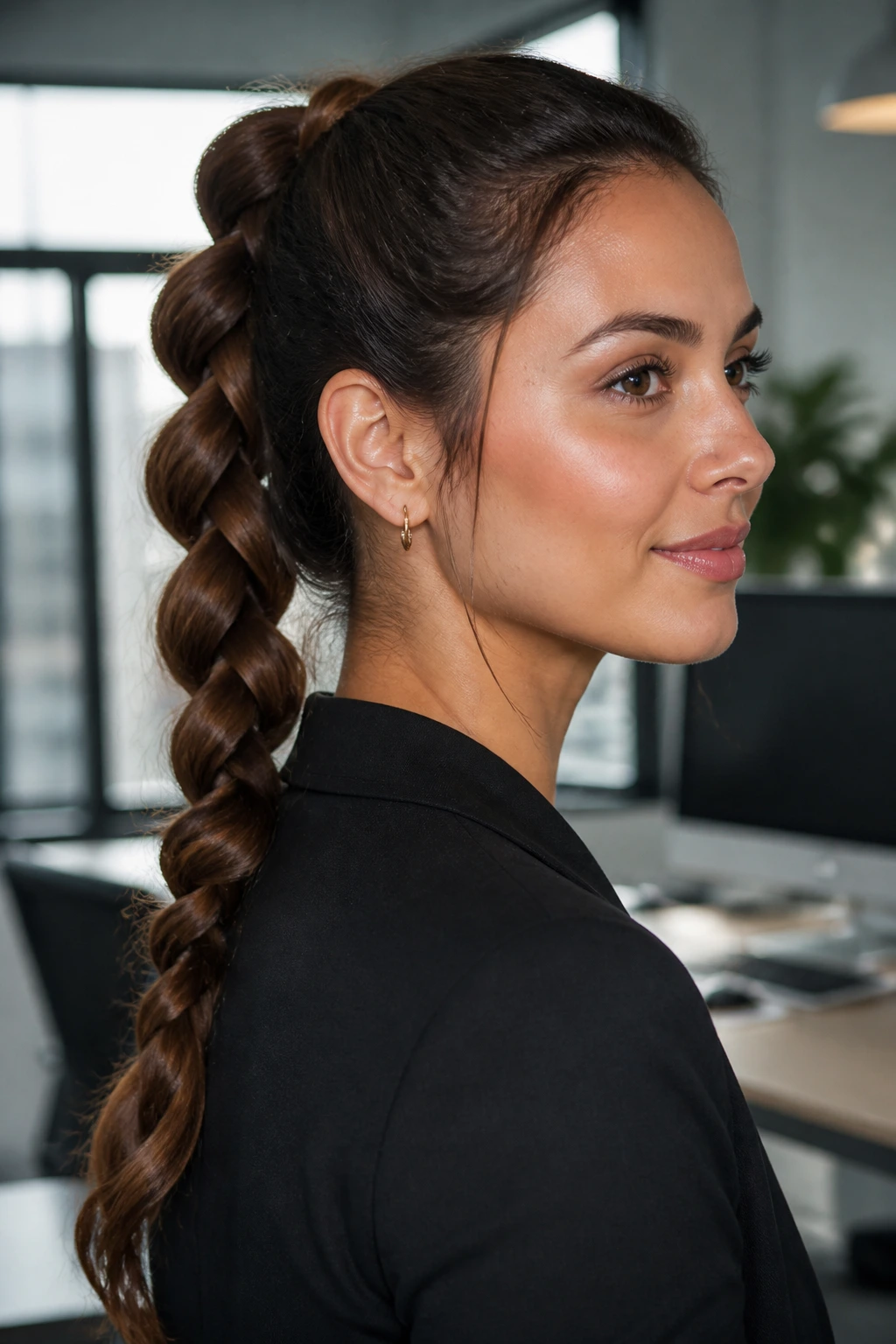 Close-up of a real woman with a pull-through faux braid in an office setting