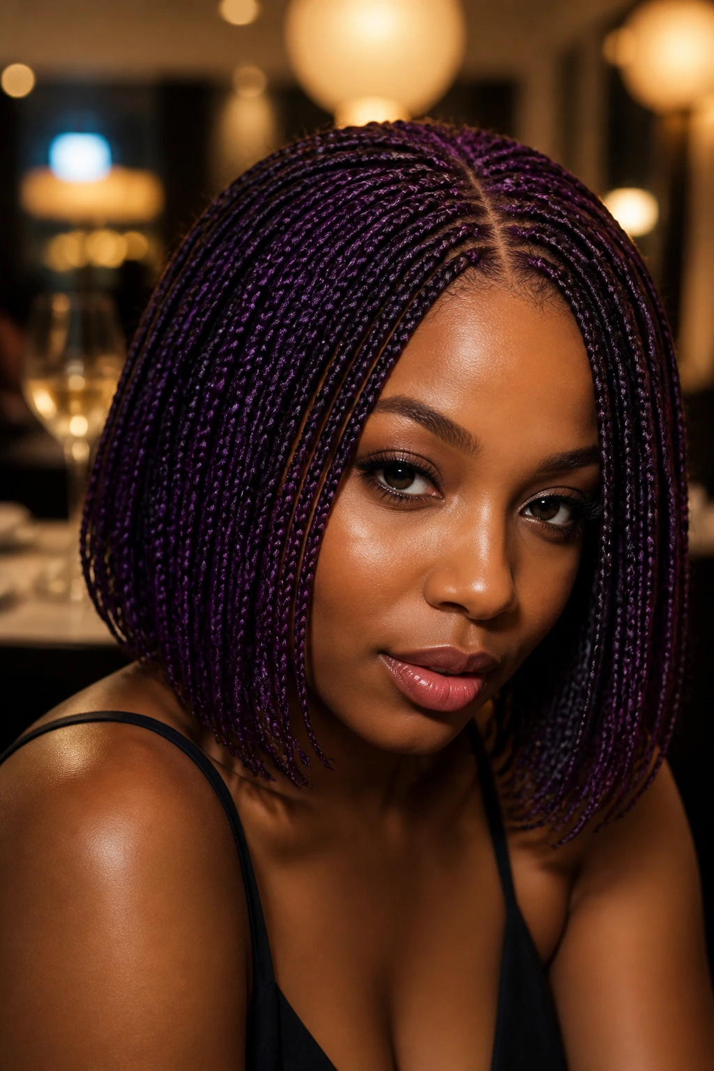 Real woman with deep purple micro-braids bob in a warmly lit restaurant setting.