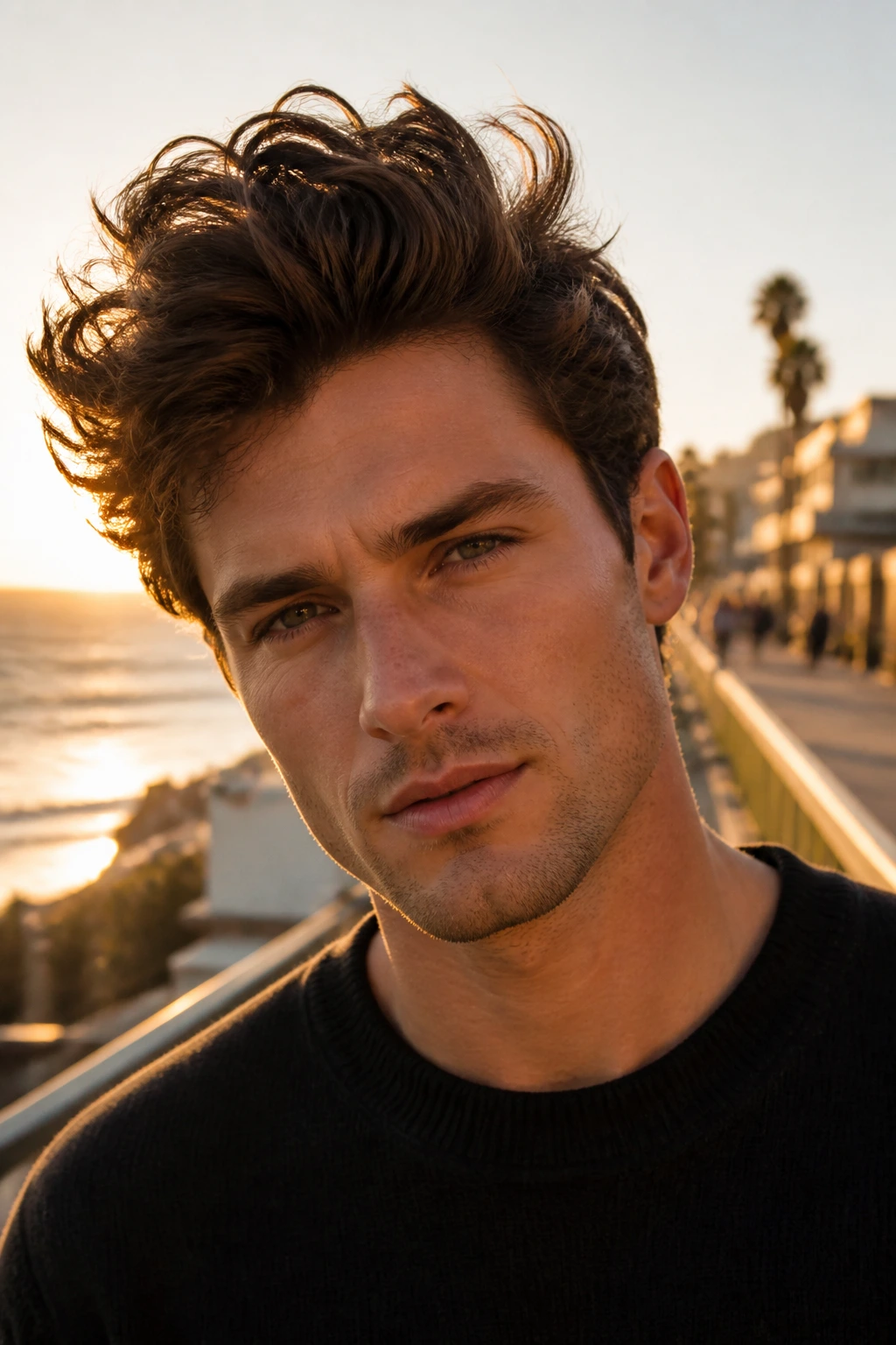 Man with messy medium-length quiff in golden hour outdoors
