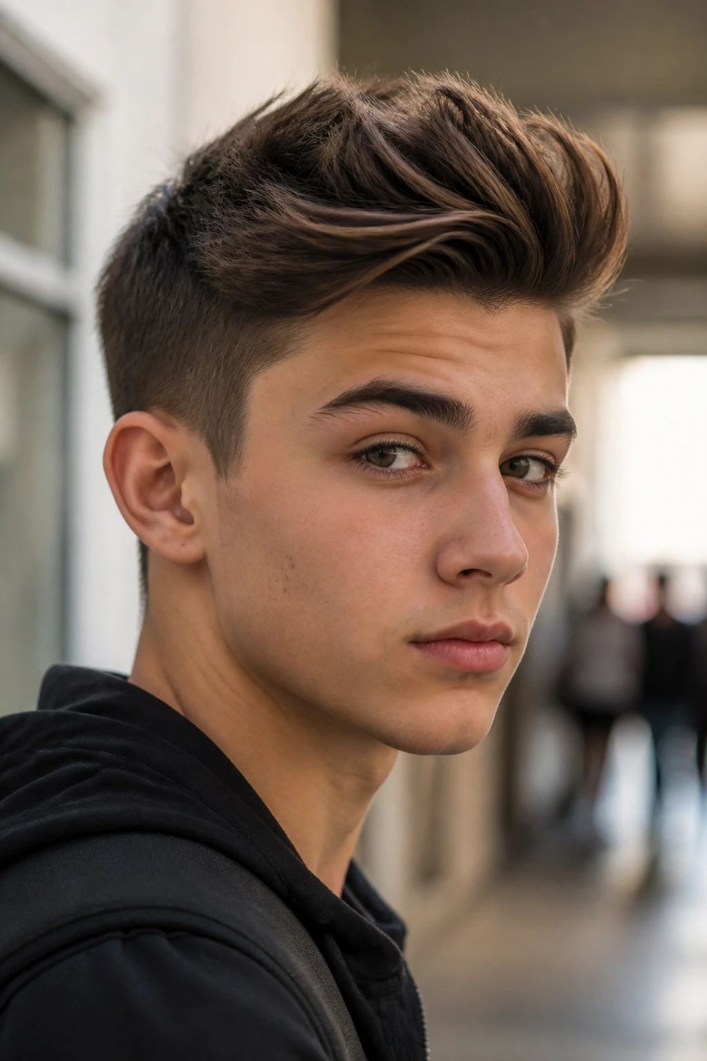Close-up portrait of a real teenage boy with a quiff and tapered sides