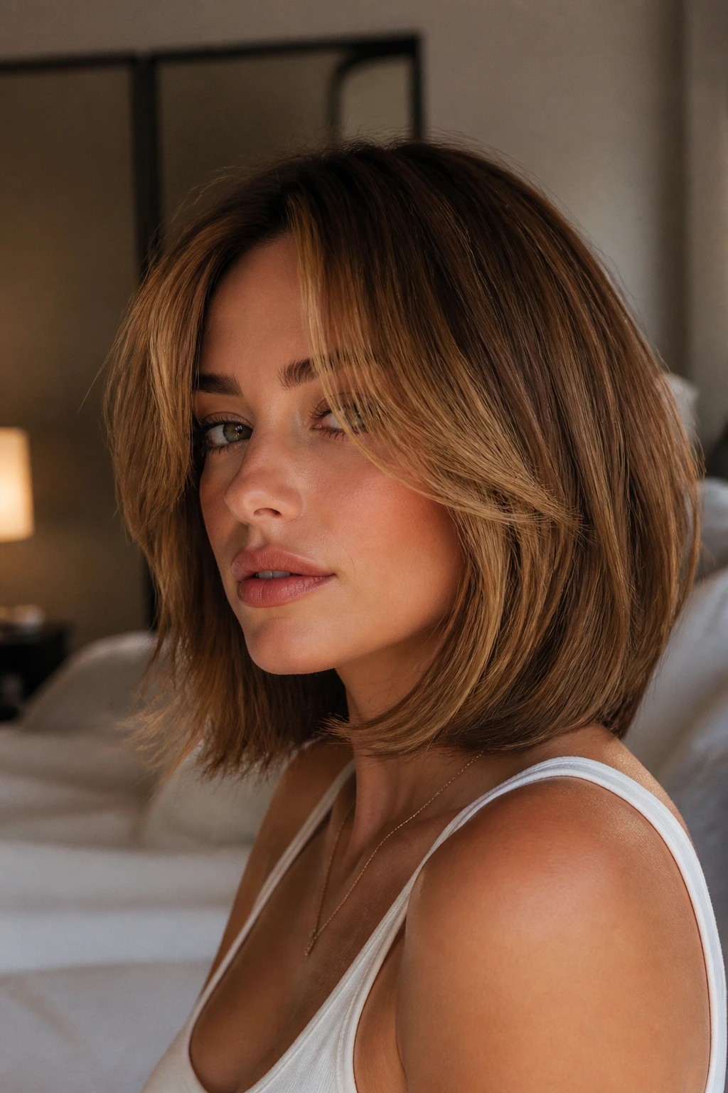Portrait of a real woman with a Rachel-style bob and curtain bangs in warm window light.