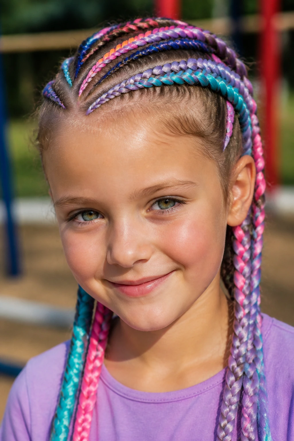 Rainbow braided hairstyle with pink turquoise and lavender strands