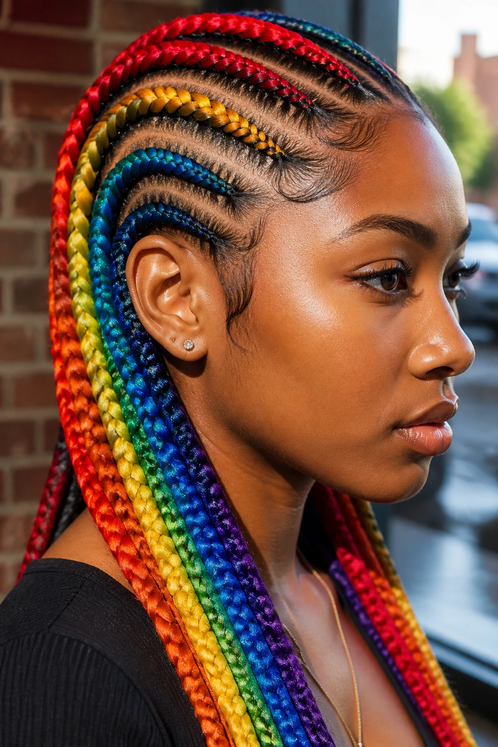 Real person with rainbow-colored cornrows in a close-up shot.