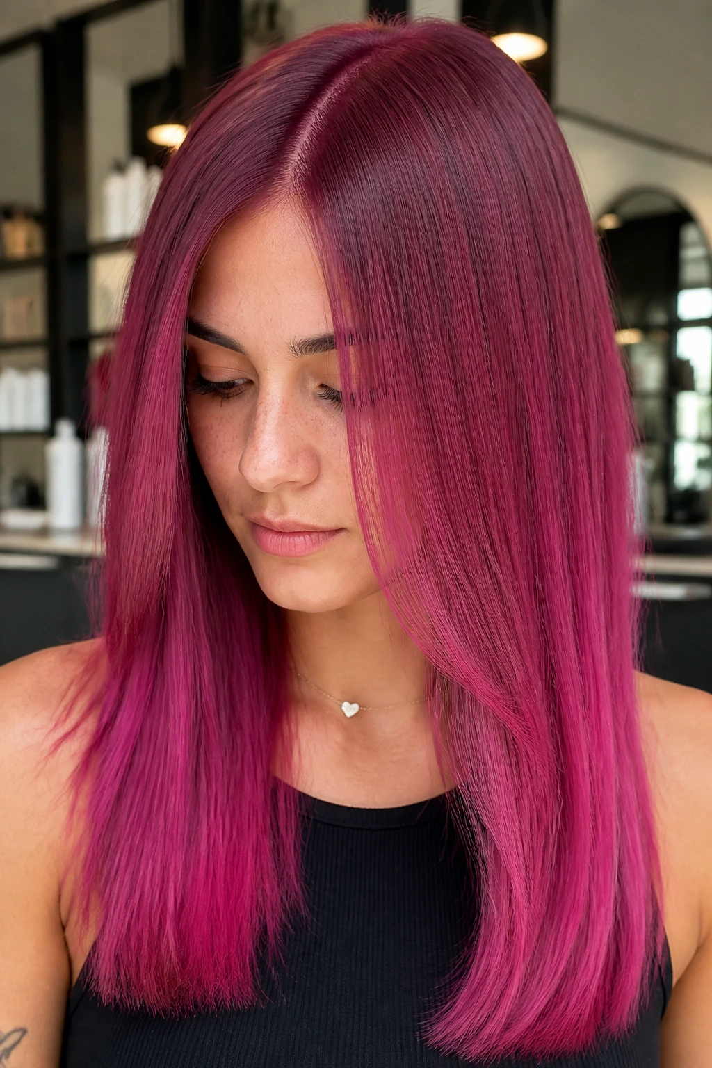 Portrait of a real woman with straight hair showing a raspberry-to-magenta gradient.