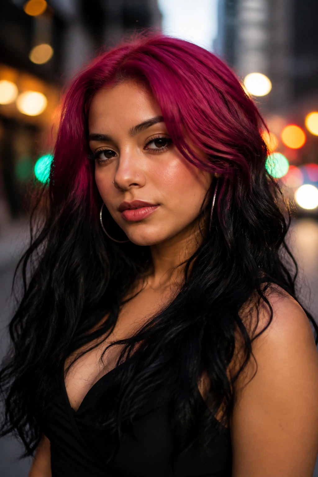 Portrait showing raspberry pink roots and black ends on a real person