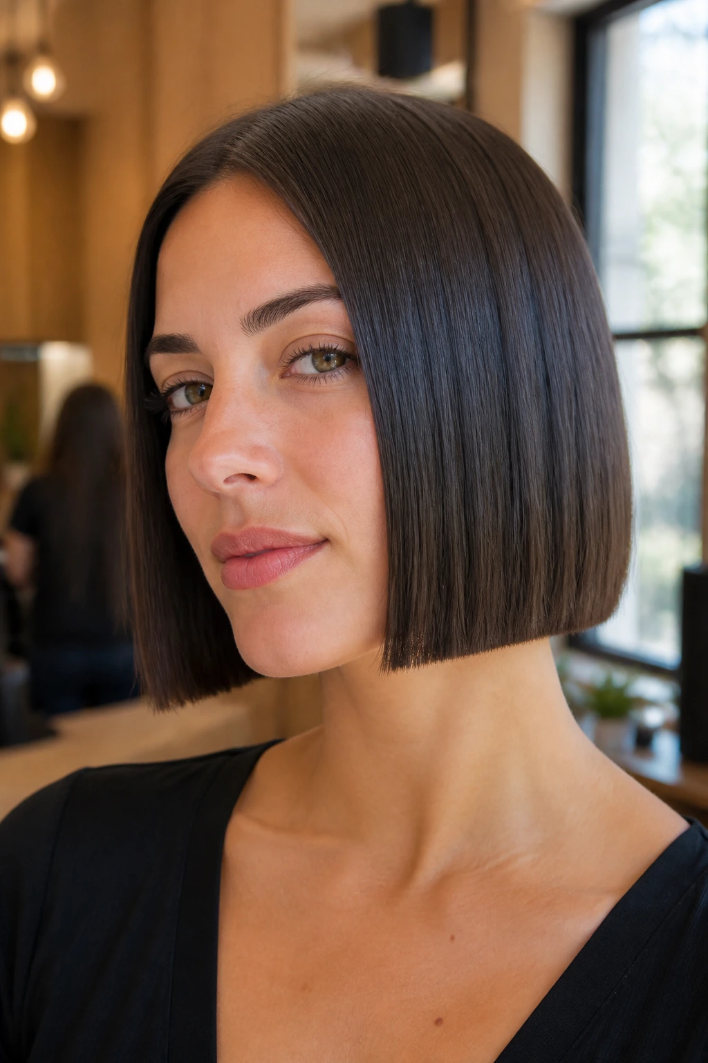 Close-up portrait of a real woman with razor-cut blunt A-line bob