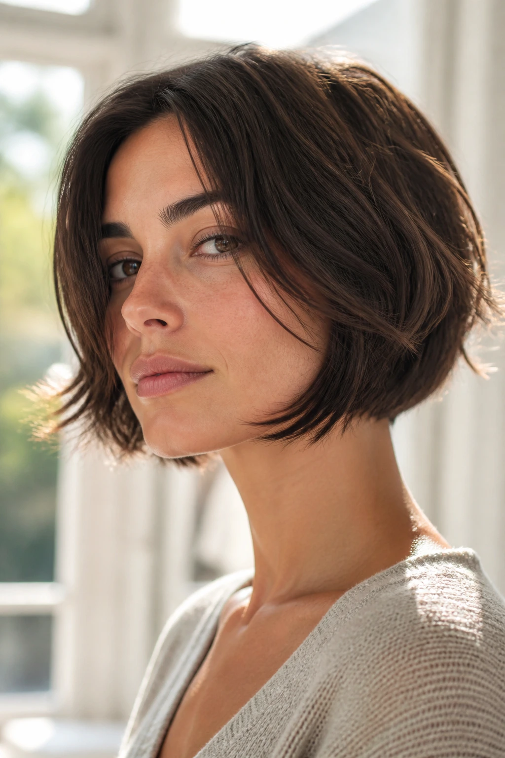 Close-up of chin-length razor-cut bob highlighting feathered ends along the jawline.