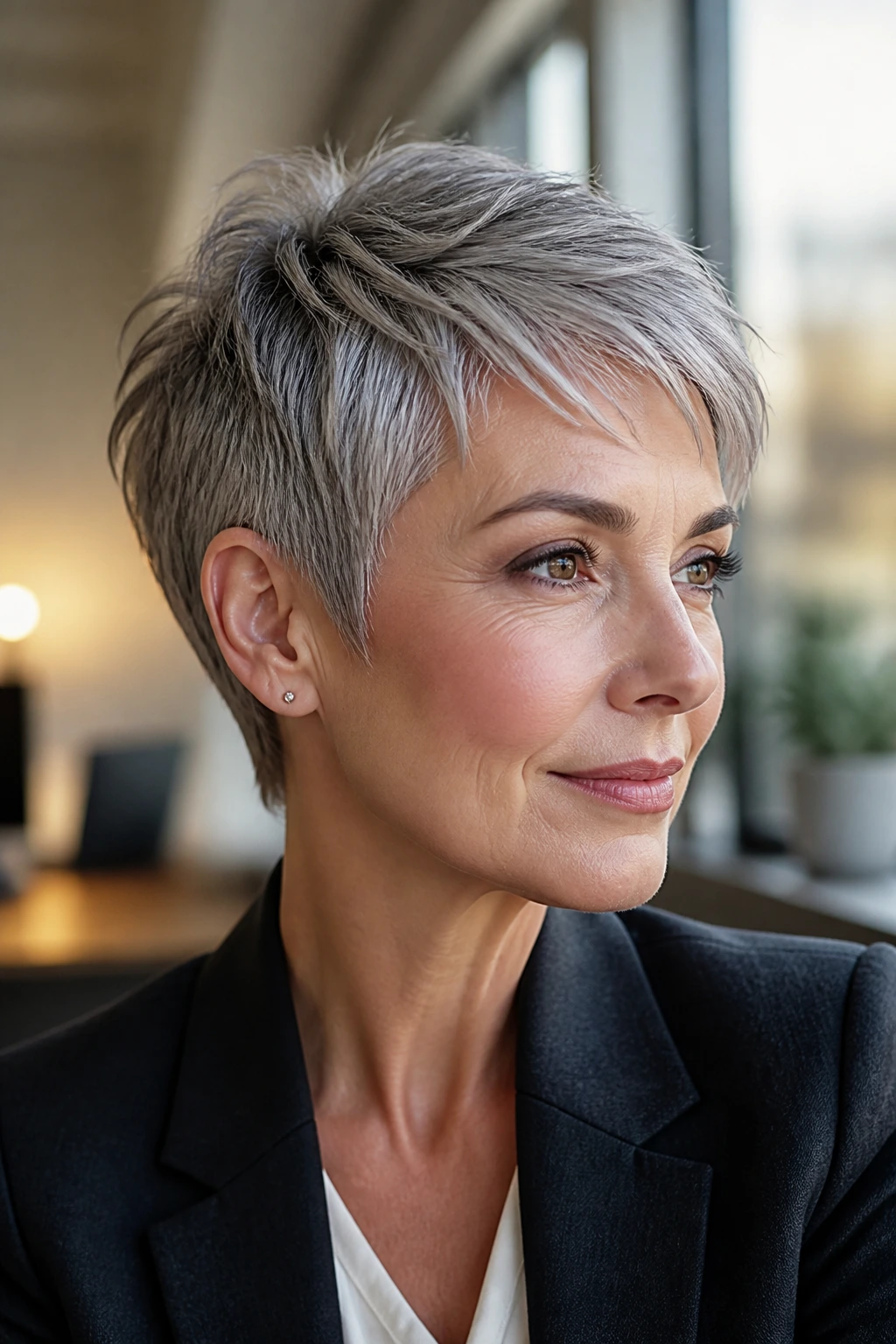 Close-up portrait of a real woman with a razor-cut pixie and grey hair in a warm office setting