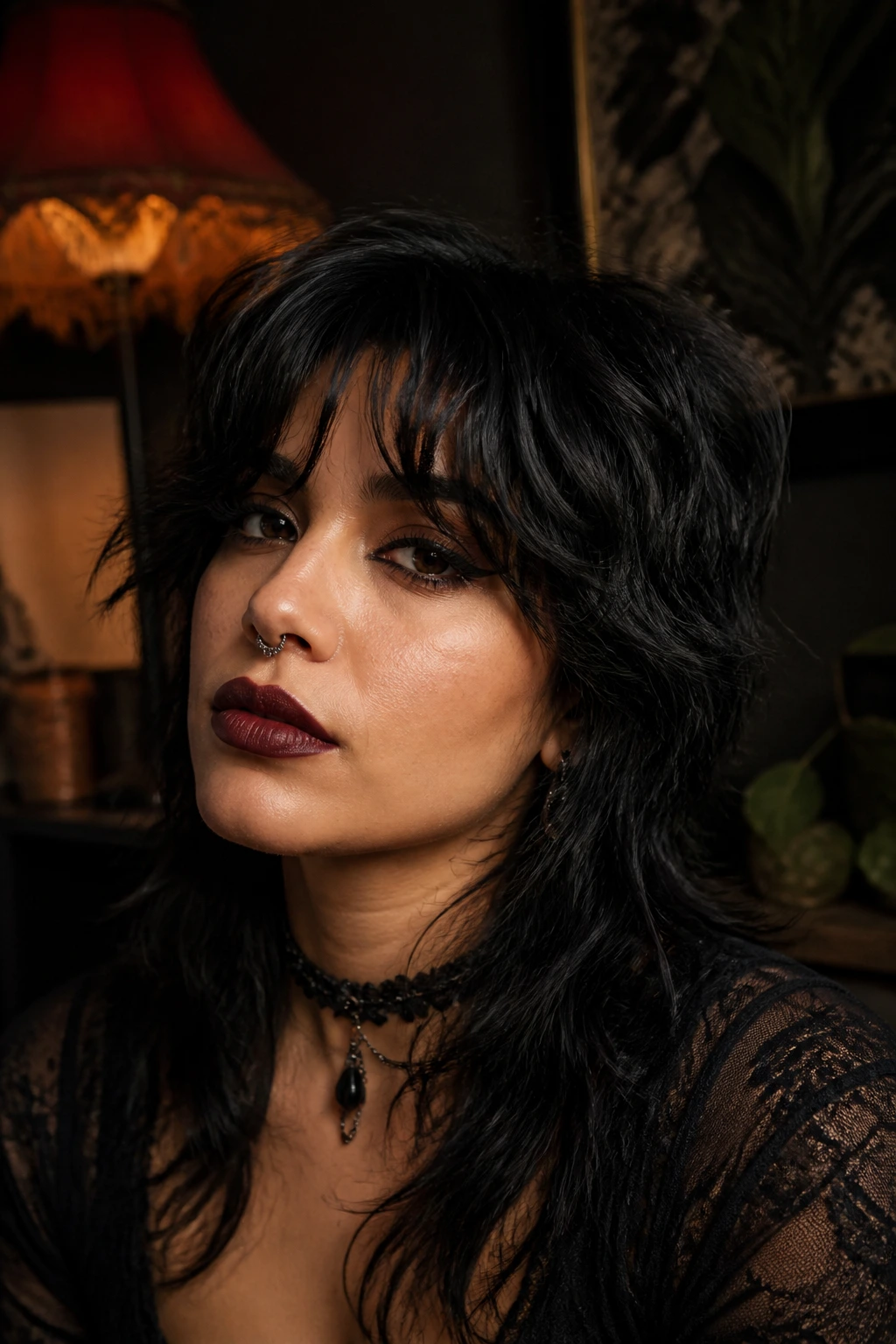 Close-up of a real Latina woman with curtain bangs in a moody living room