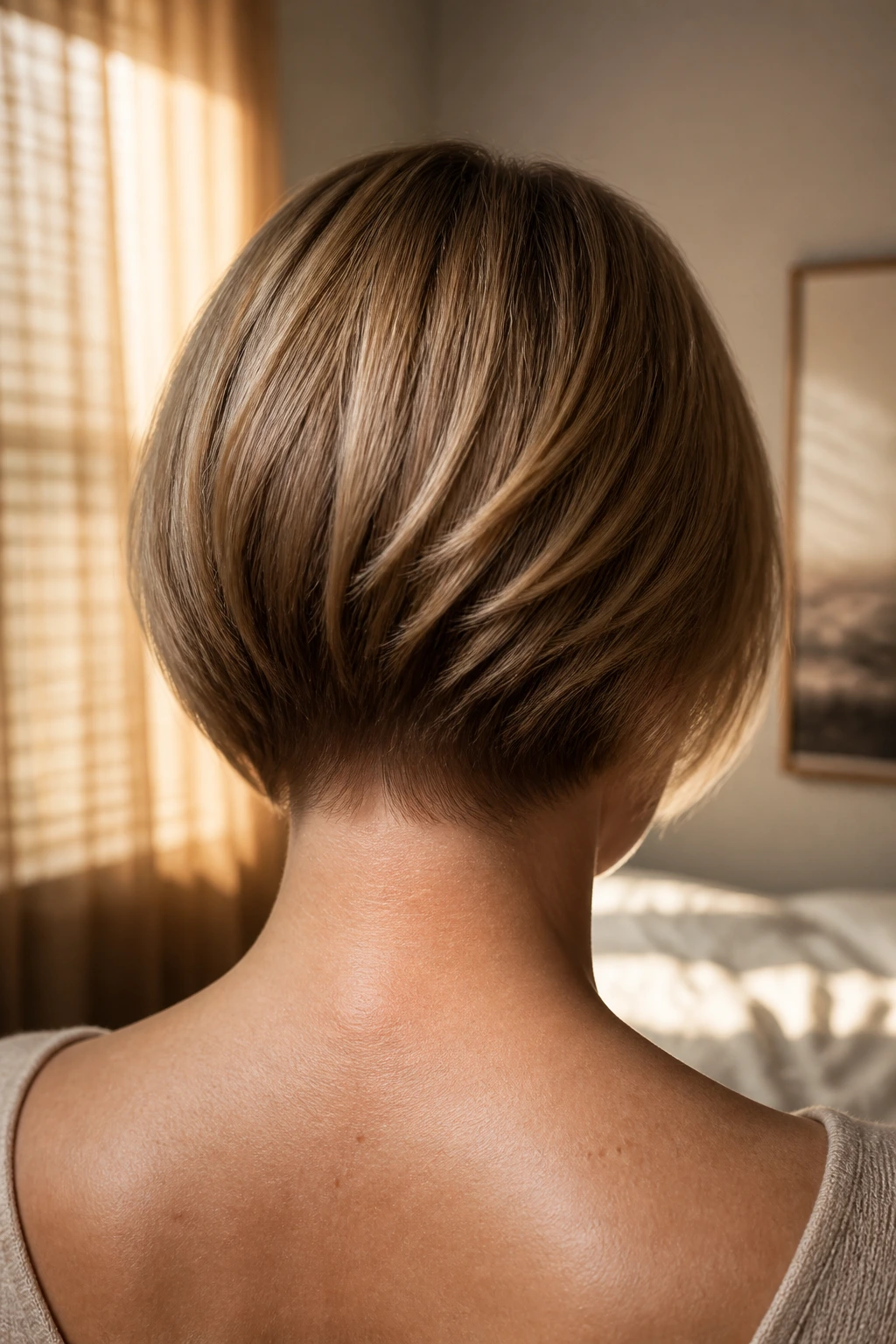 Close-up back view of a real woman's razor-tapered nape with feathered texture