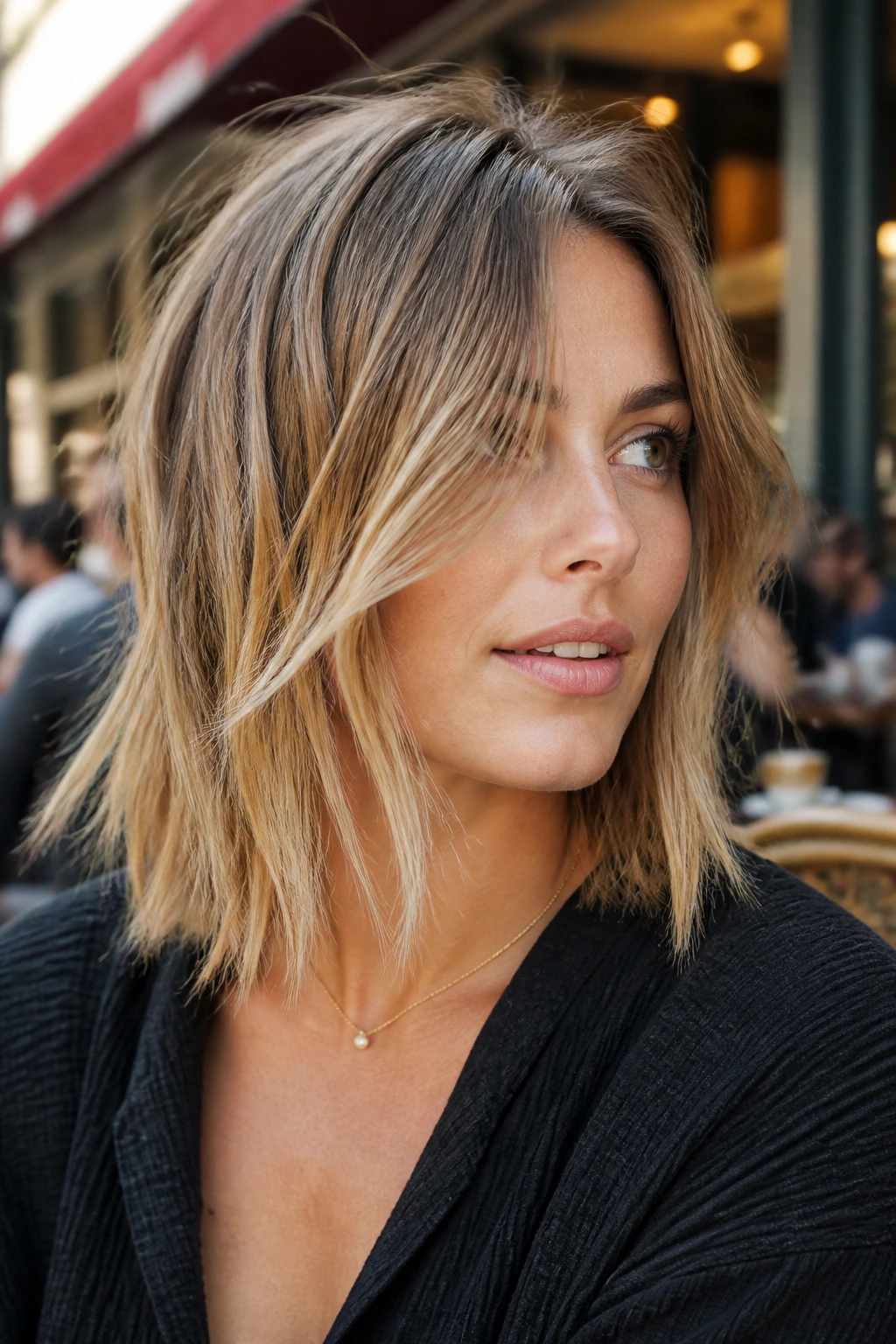Portrait of a real woman with messy razor-textured choppy-end lob