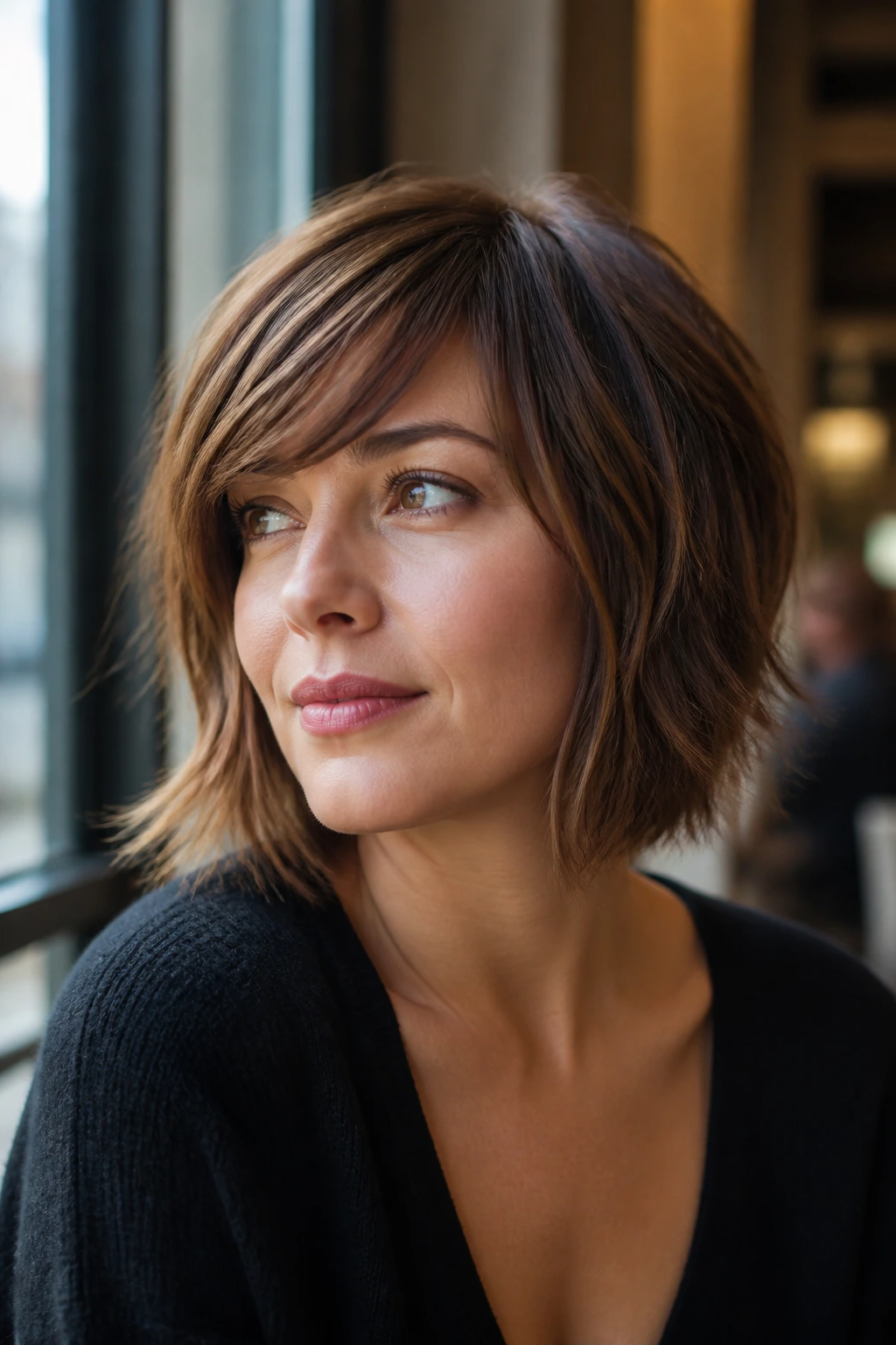 Close-up portrait of a real woman with razor-cut bob and side-swept bangs in natural daylight setting