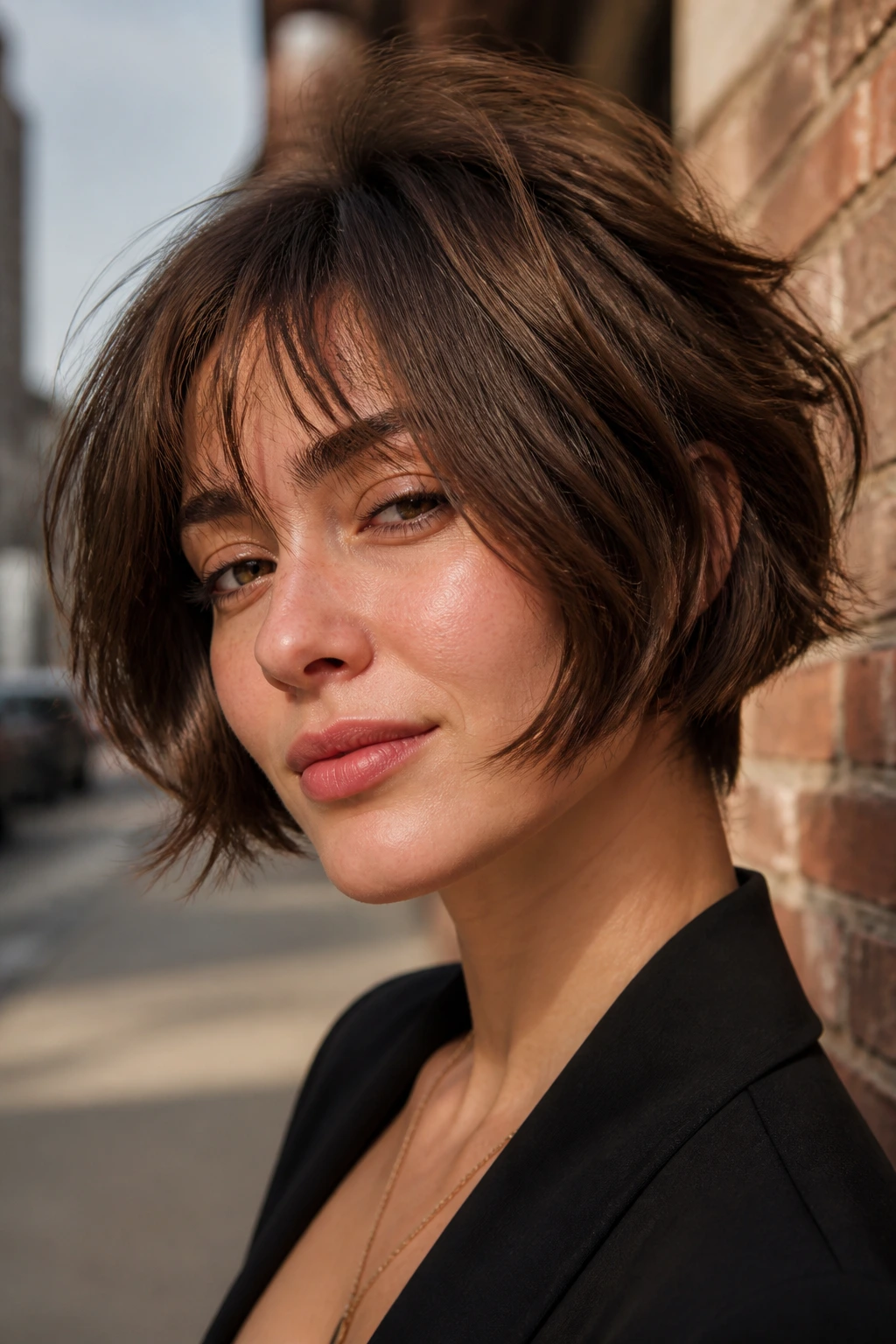 Portrait of a real woman with a tousled razored bob on a city street.