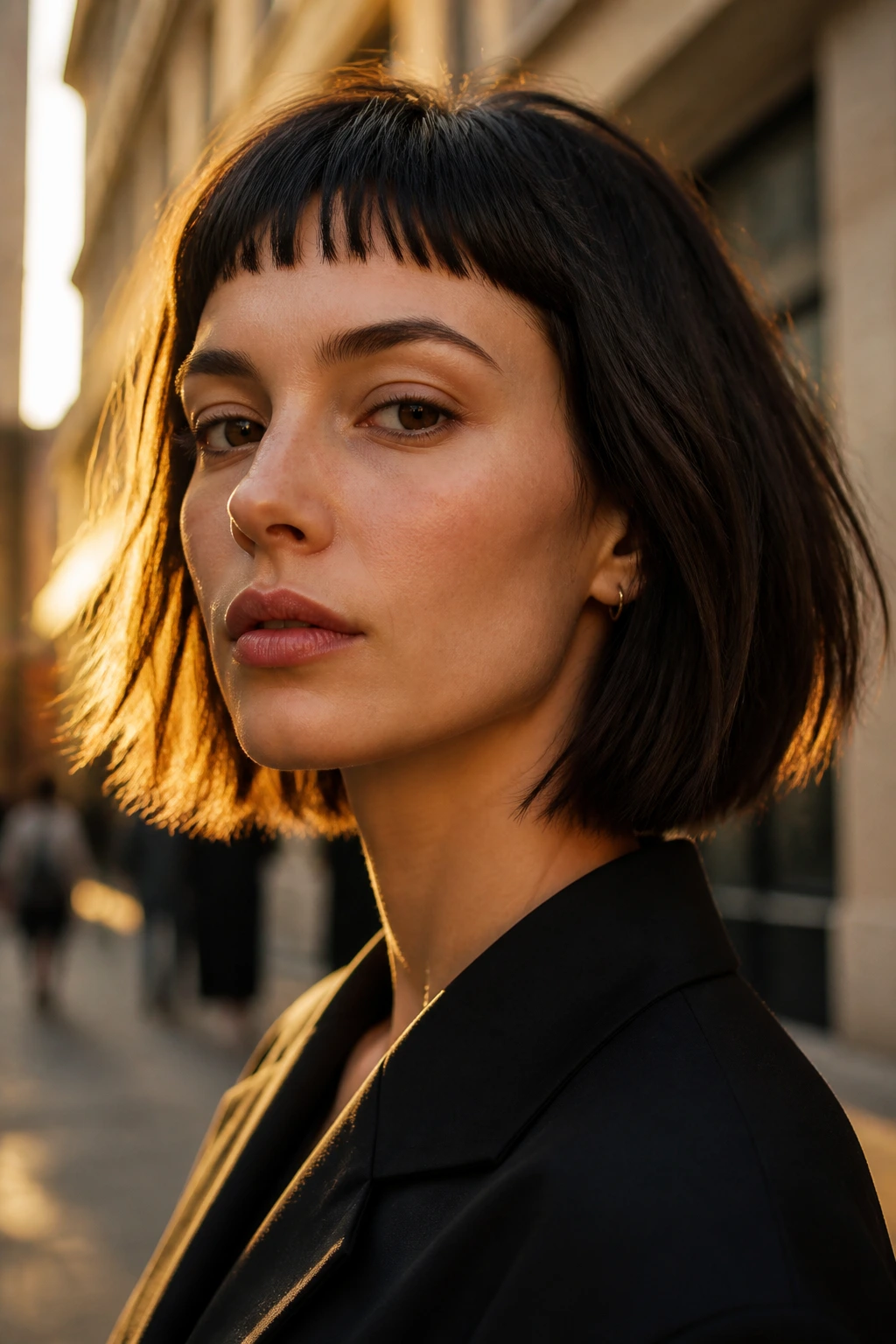 Portrait of a woman with razored lob and micro-fringe in golden hour light.