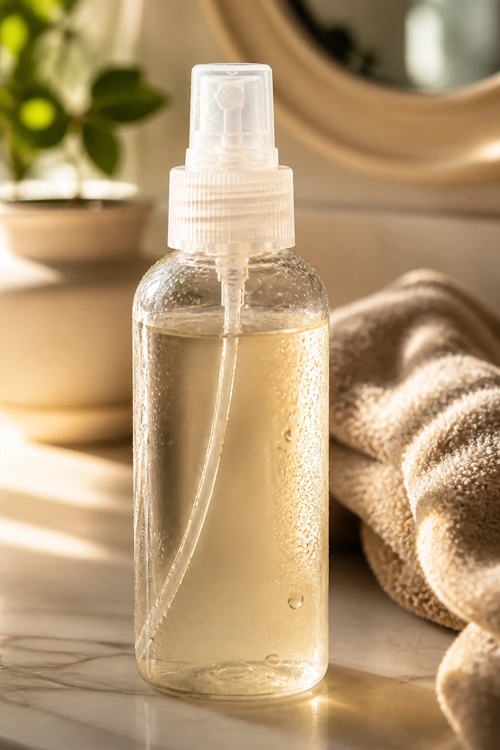 Close-up of a spray bottle for second-day curls on a bathroom counter