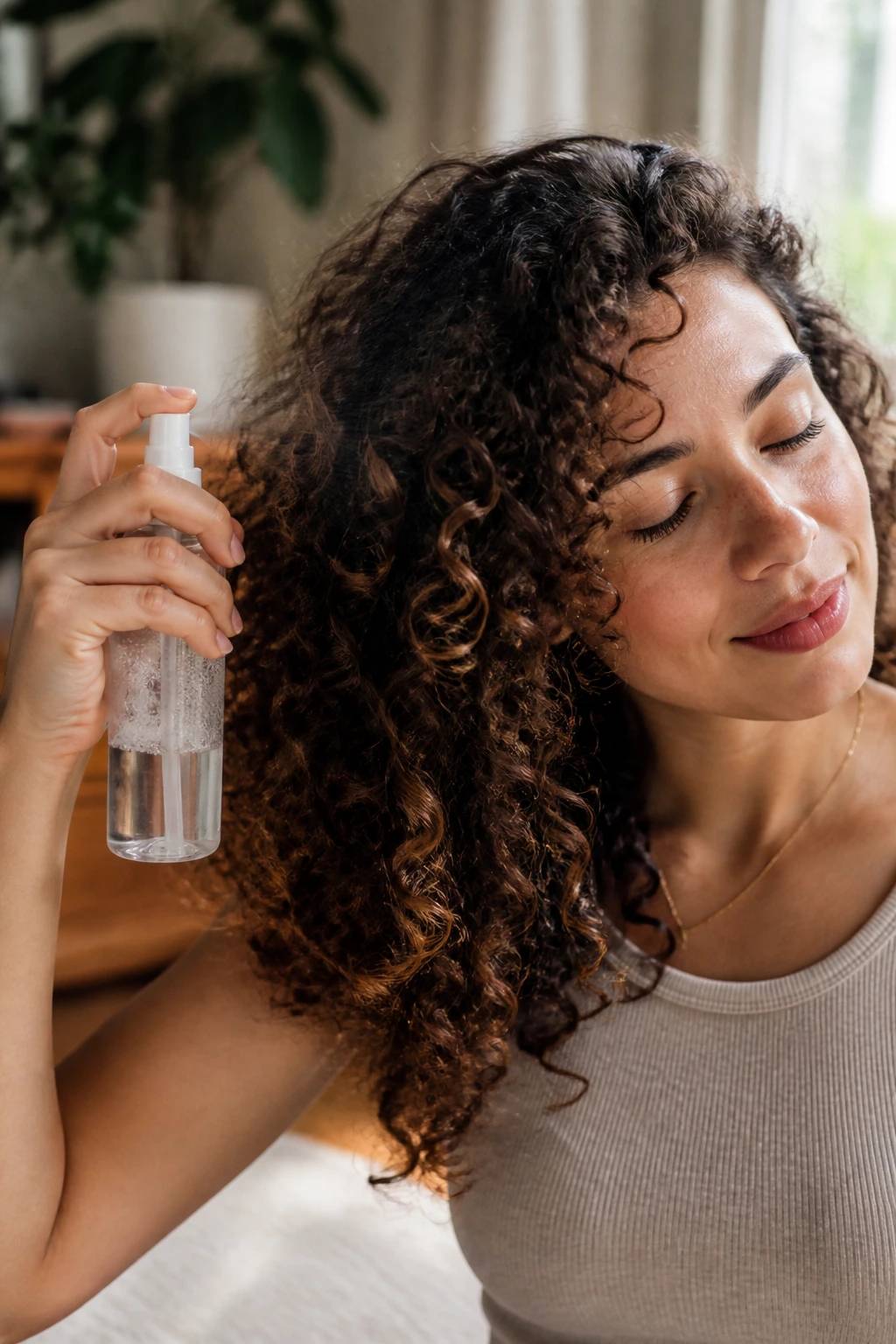 Portrait of a person refreshing curls with a spray bottle in a cozy home