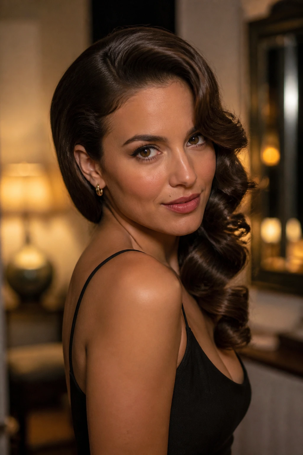 Close-up of a real woman with retro side-swept curls