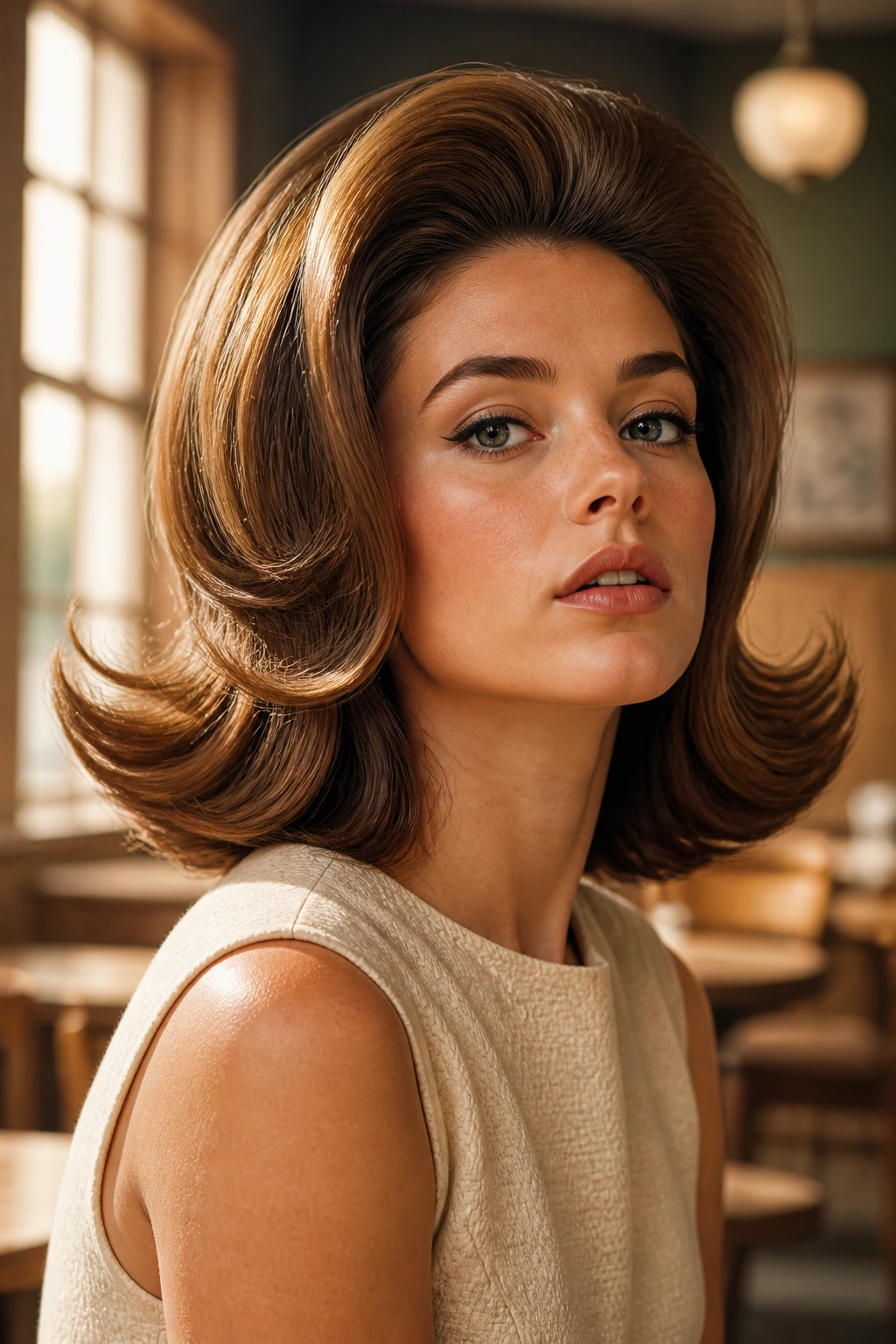 Portrait of person with retro high-volume flip hairstyle