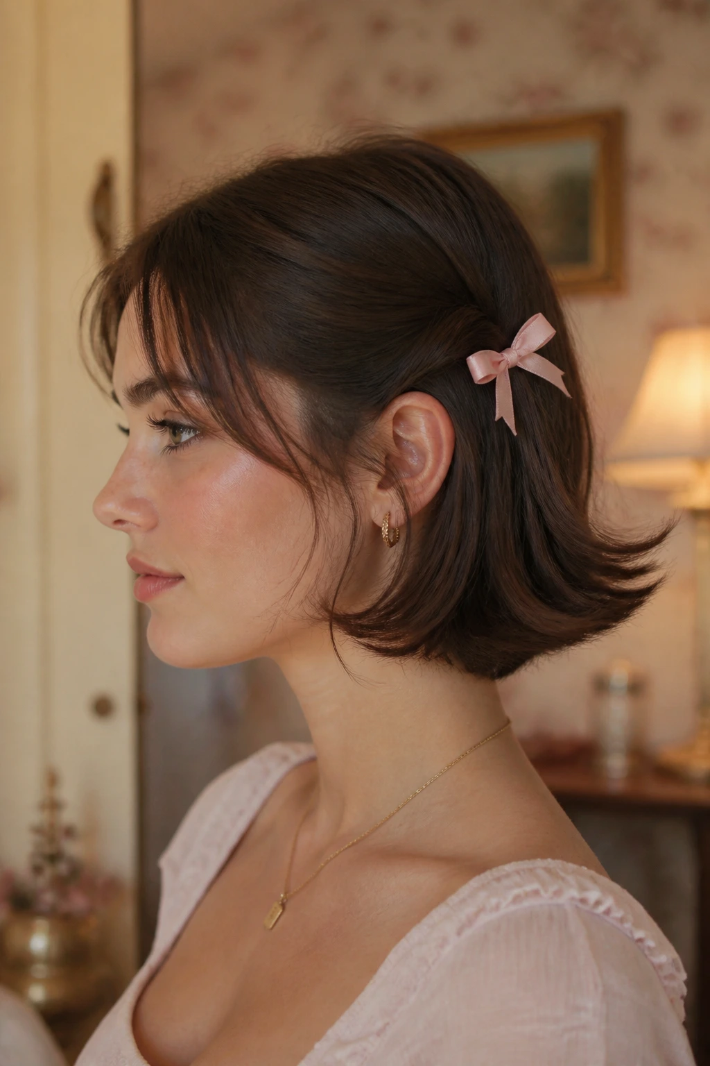 Side profile of a real woman with retro flip ends and a bow behind the ear