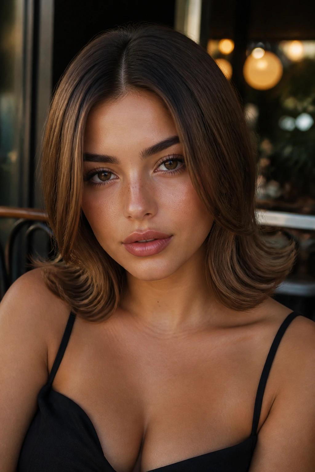 Close-up of a real woman with retro flip ends hairstyle in warm cafe light