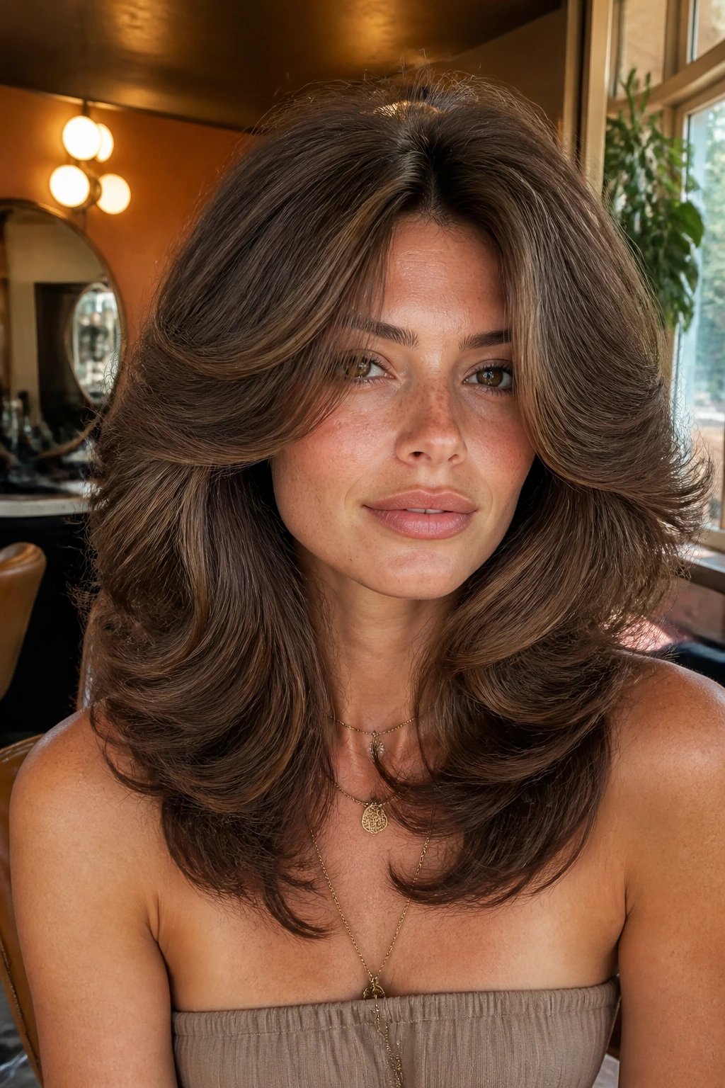 Portrait of a real woman with a retro feathered layered cut and voluminous hair.