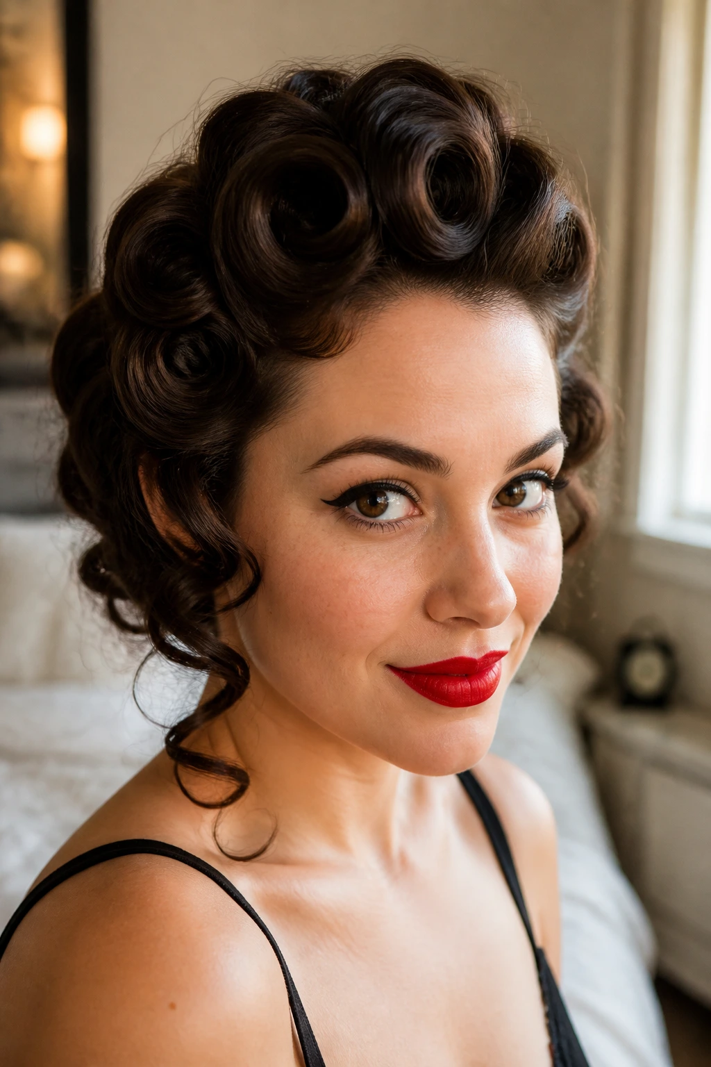 Close-up portrait of a real woman with vintage pin-up curls under soft window light