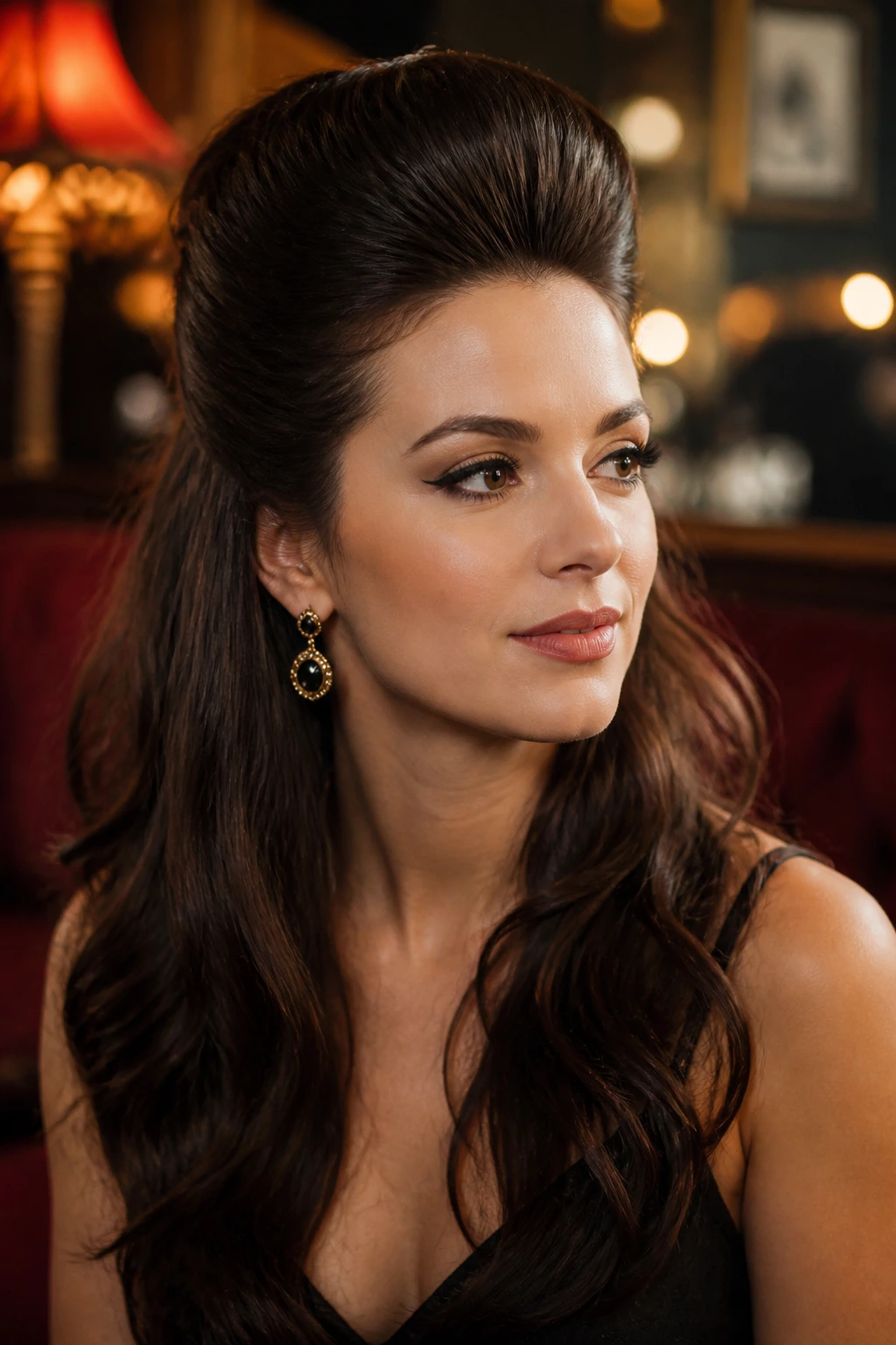 Close-up of woman with retro pompadour half-up hairstyle, crown height visible.