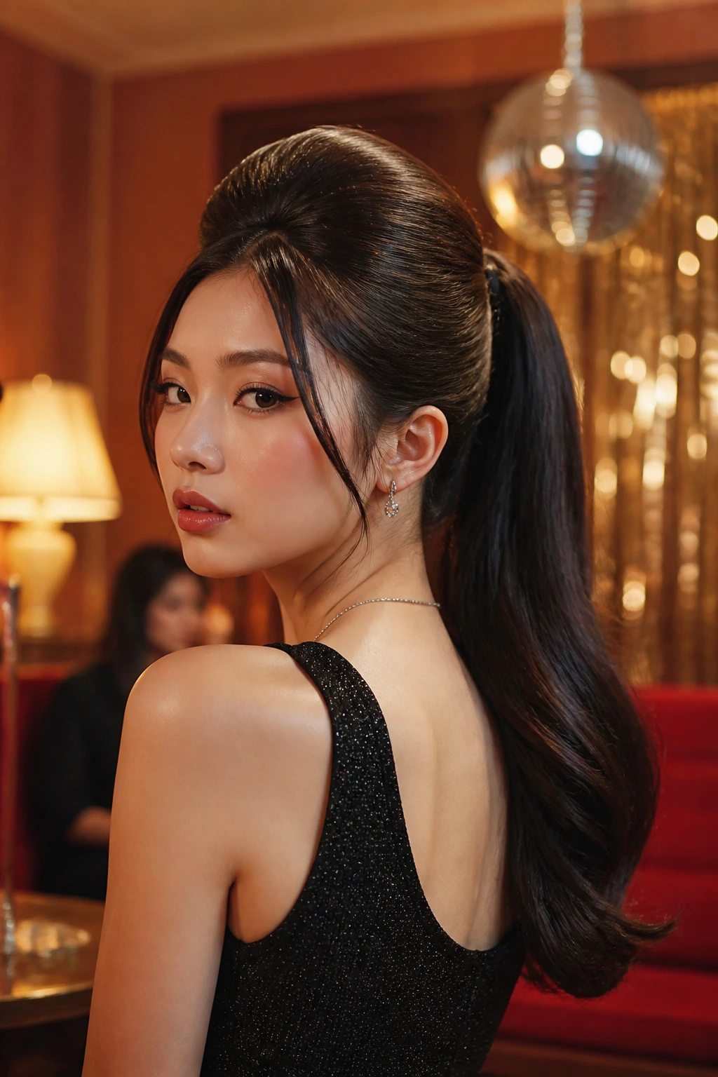 Real woman with a voluminous crowned retro ponytail at a party setting