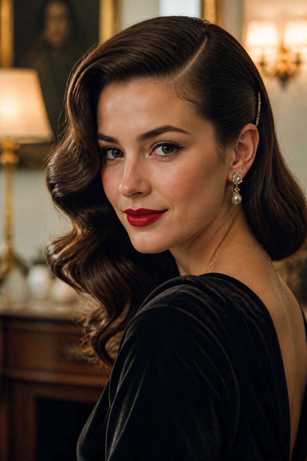 Real woman with retro side-parted waves in vintage lighting