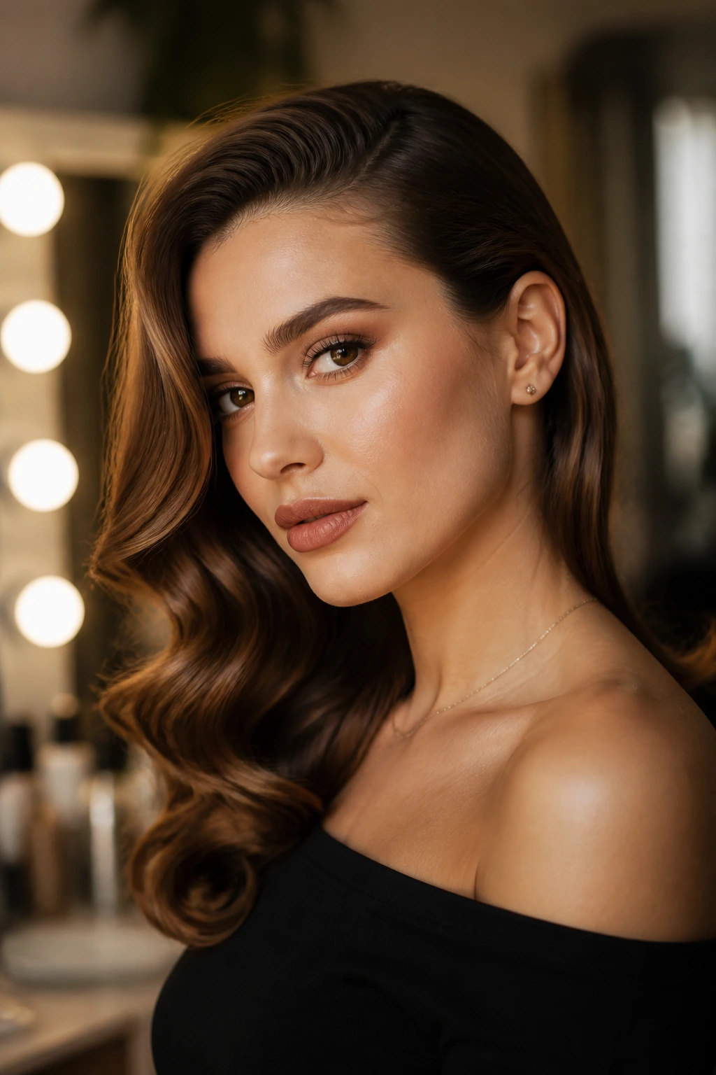 Close-up of a real woman with a deep side part and side-swept waves