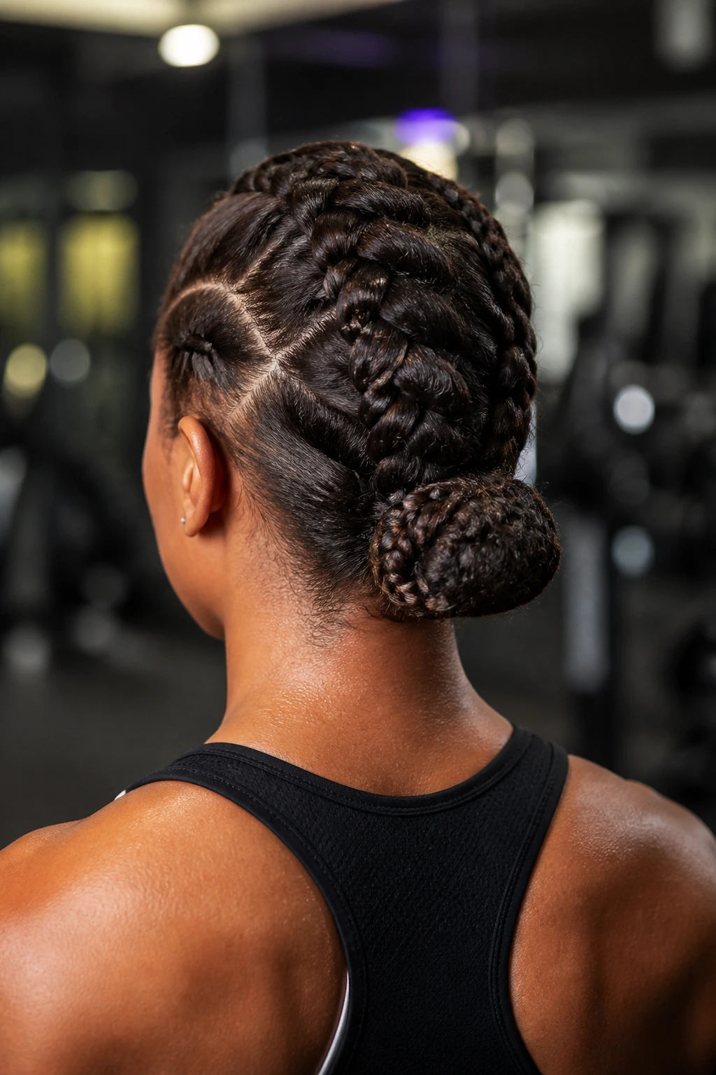 Back-of-head view of a real woman with reverse braided low bun