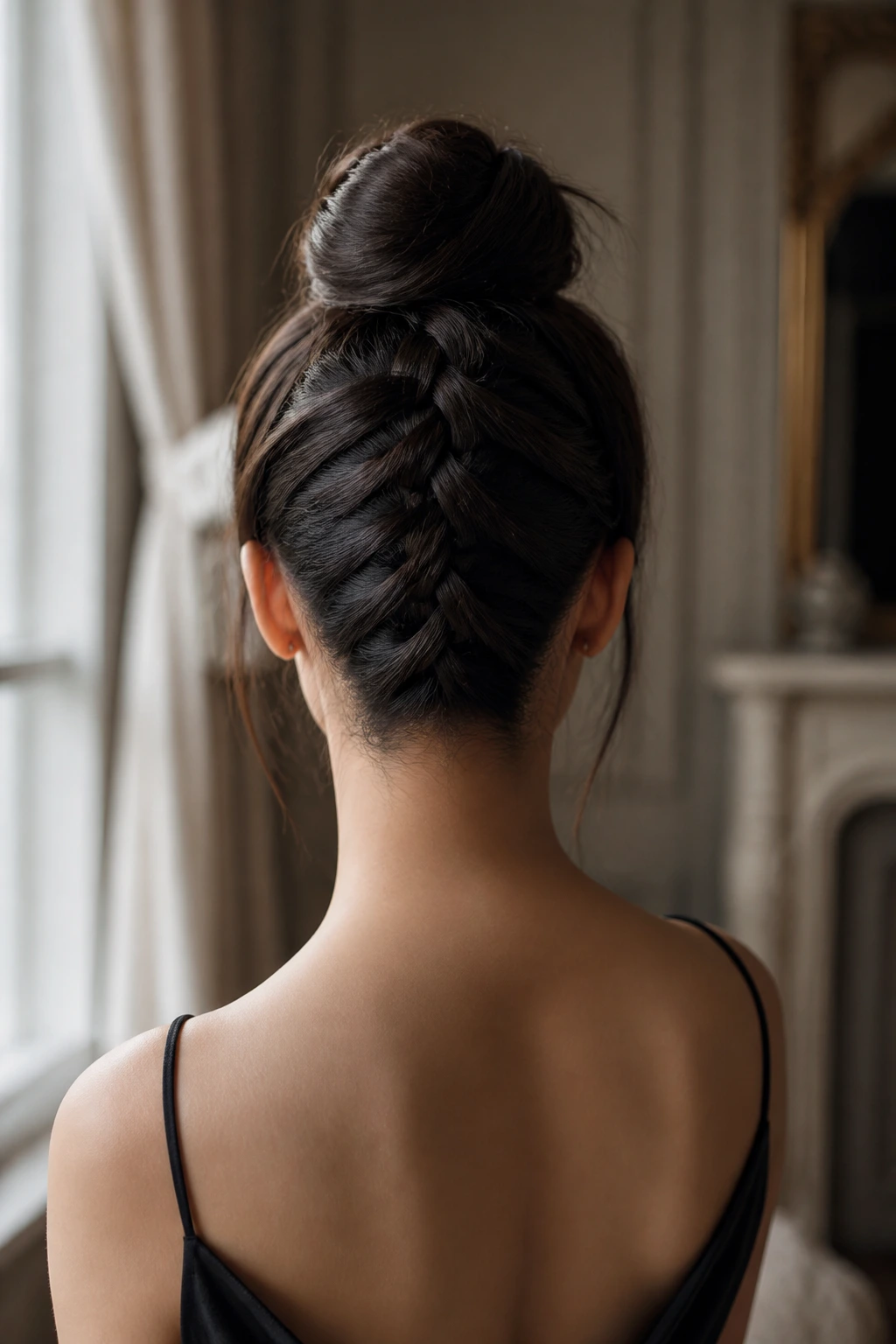 Back view of woman with reverse French braid ending in high bun