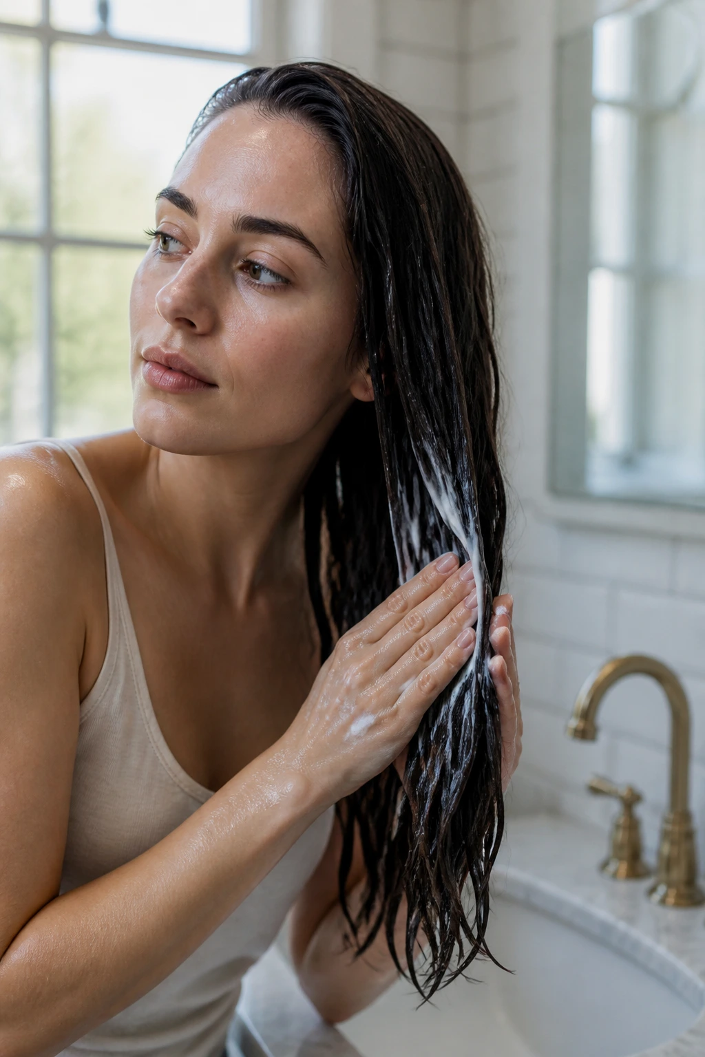 Close-up of a real woman applying conditioner to the ends of wet hair in a bathroom.