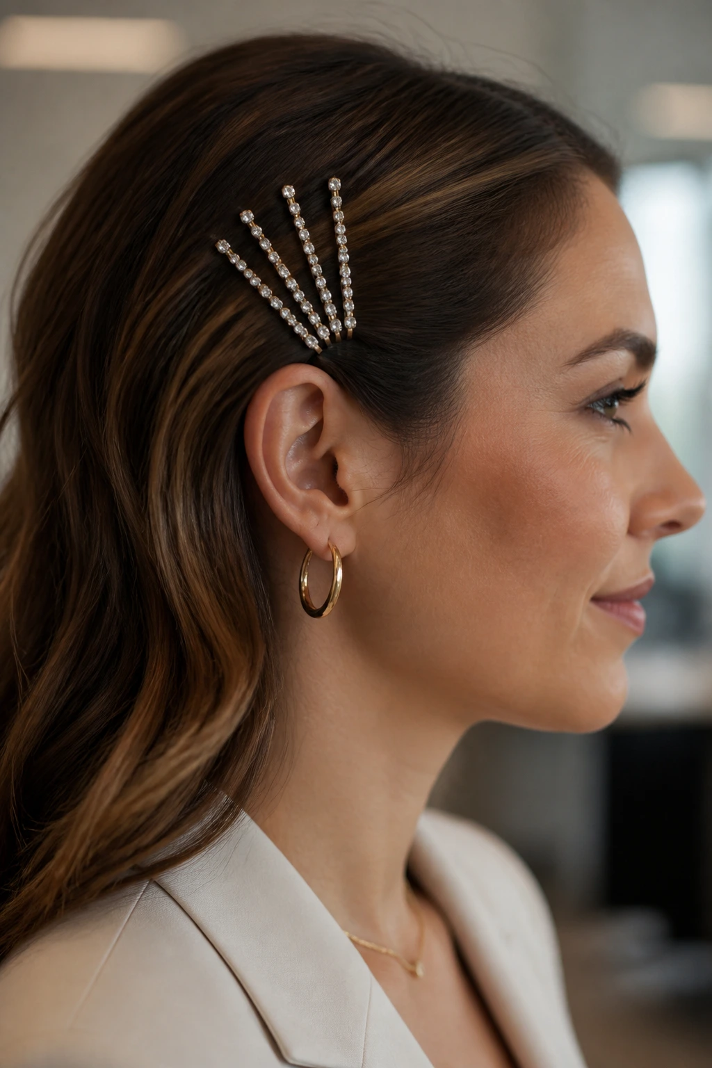 Side profile with rhinestone bobby pin cluster near temple
