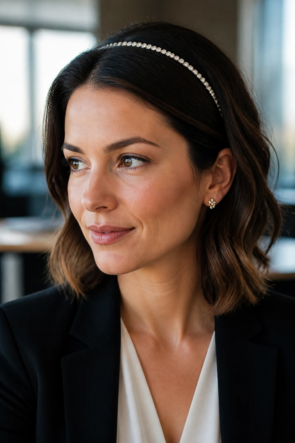 Portrait of a real person wearing a rhinestone headband