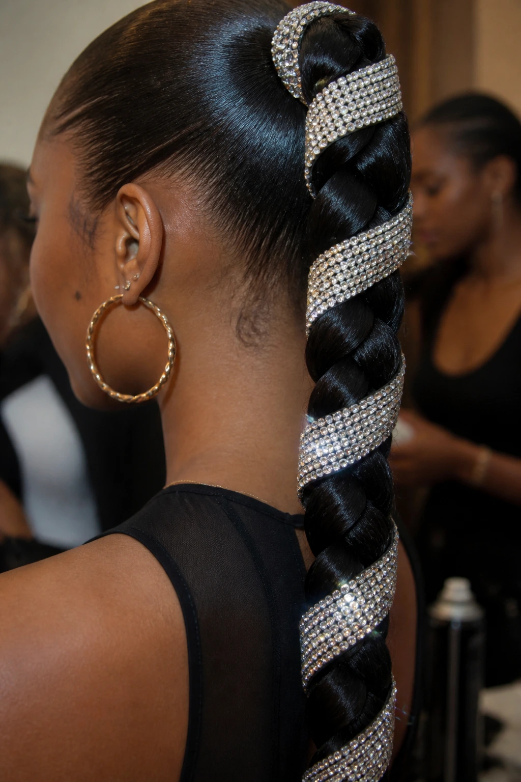 Close-up of rhinestone mesh wrap around thick braid