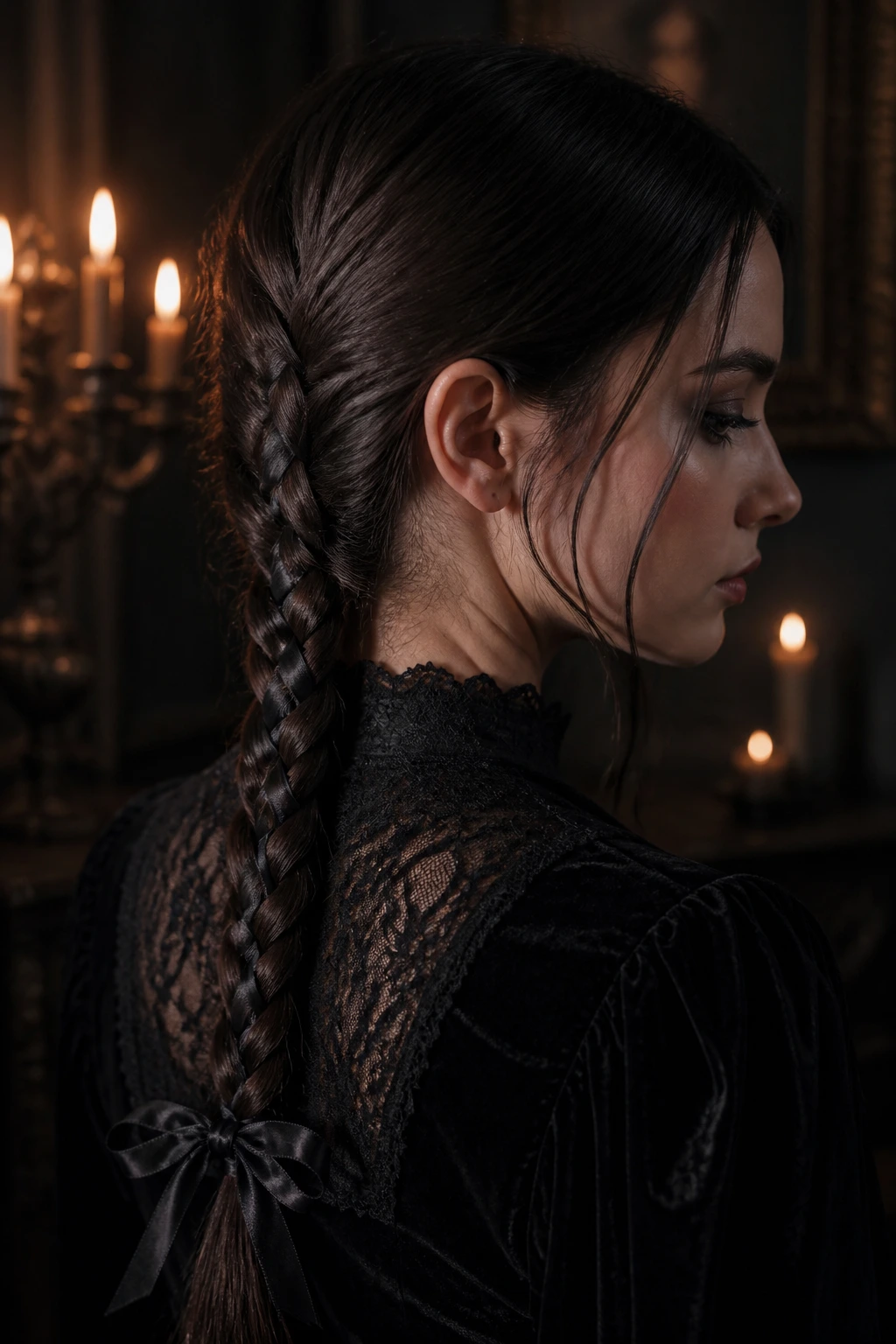 Portrait of a person with a ribbon-woven braid in a dimly lit Gothic interior