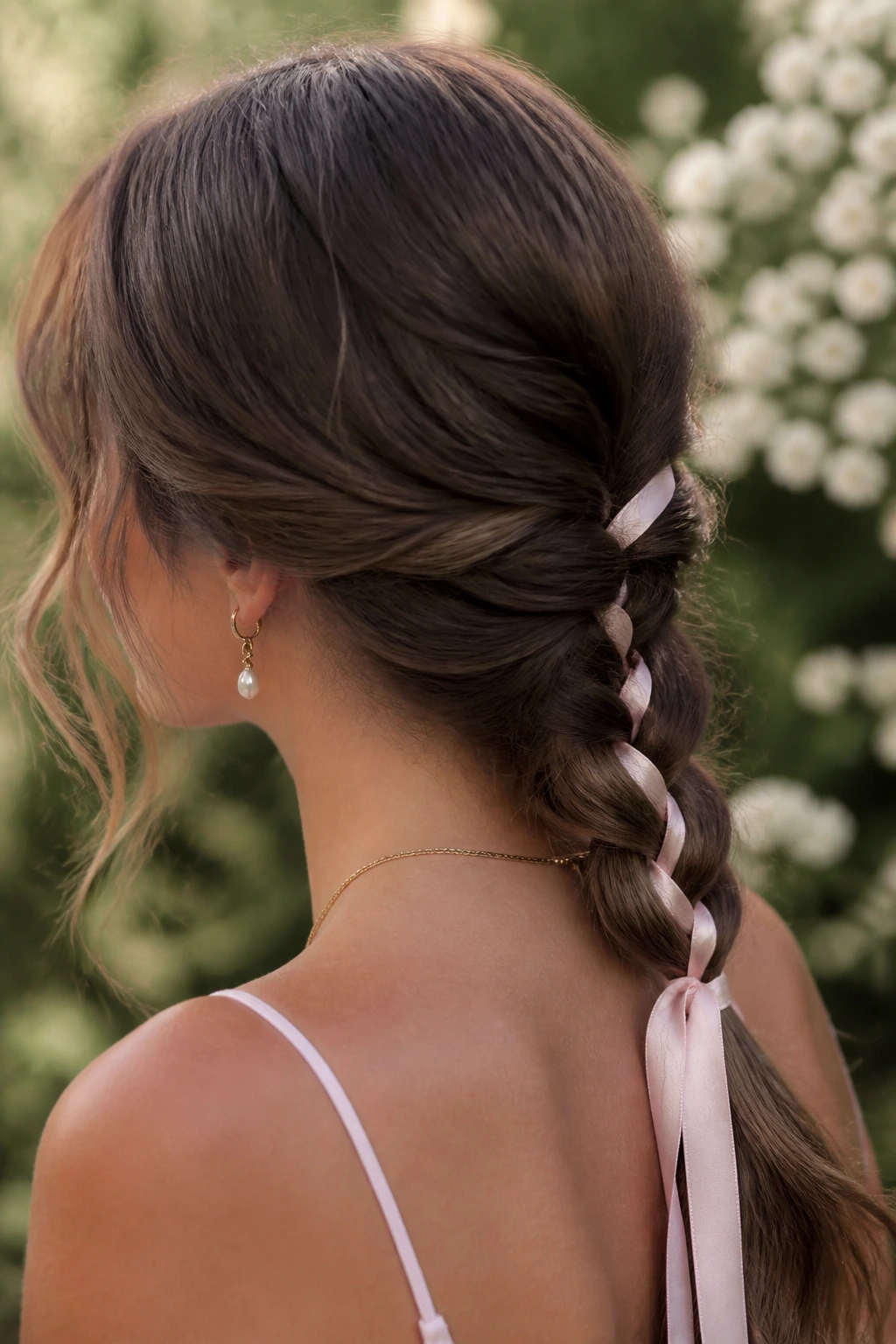 Close-up of a real person with a low braid and ribbon weaving