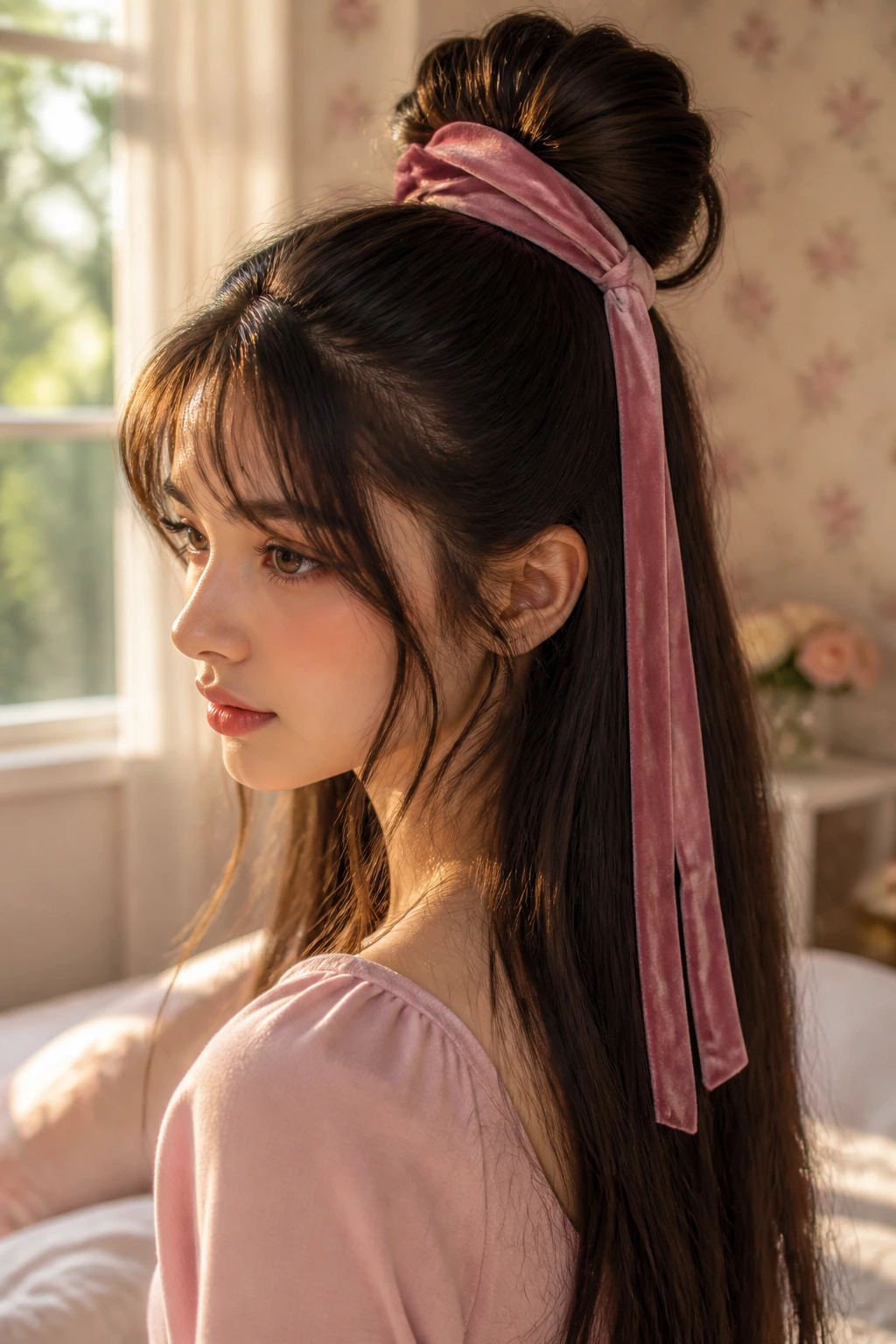 Close-up portrait of a woman with a velvet ribbon-wrapped high bun on long hair