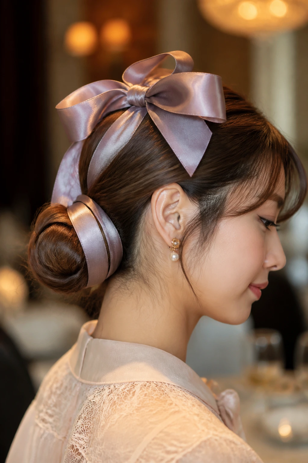 Profile of a real woman with ribbon-wrapped chignon and bow